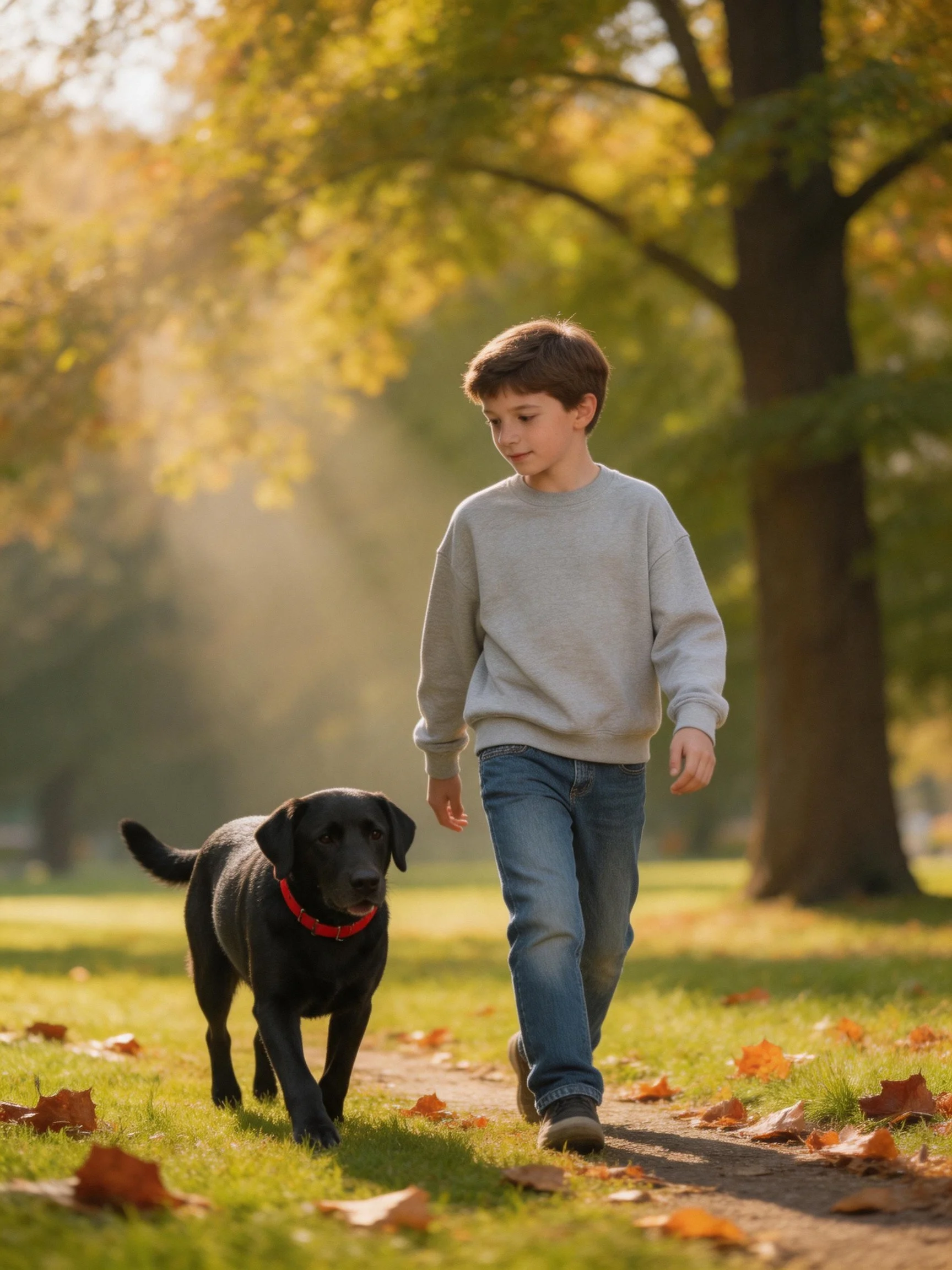 A boy strolls with his black dog along a leaf-littered path in a sunlit park.