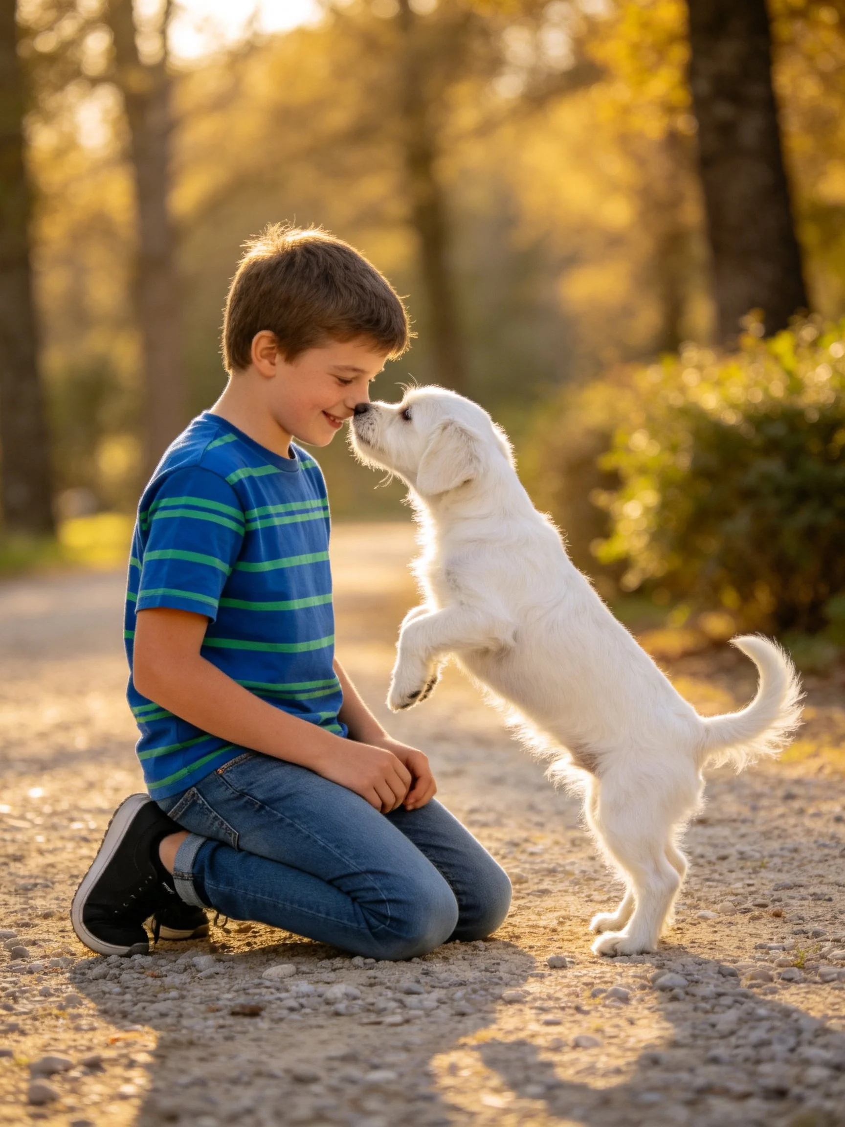 A boy interacts with a playful white puppy while kneeling on a sunlit path surrounded by trees.