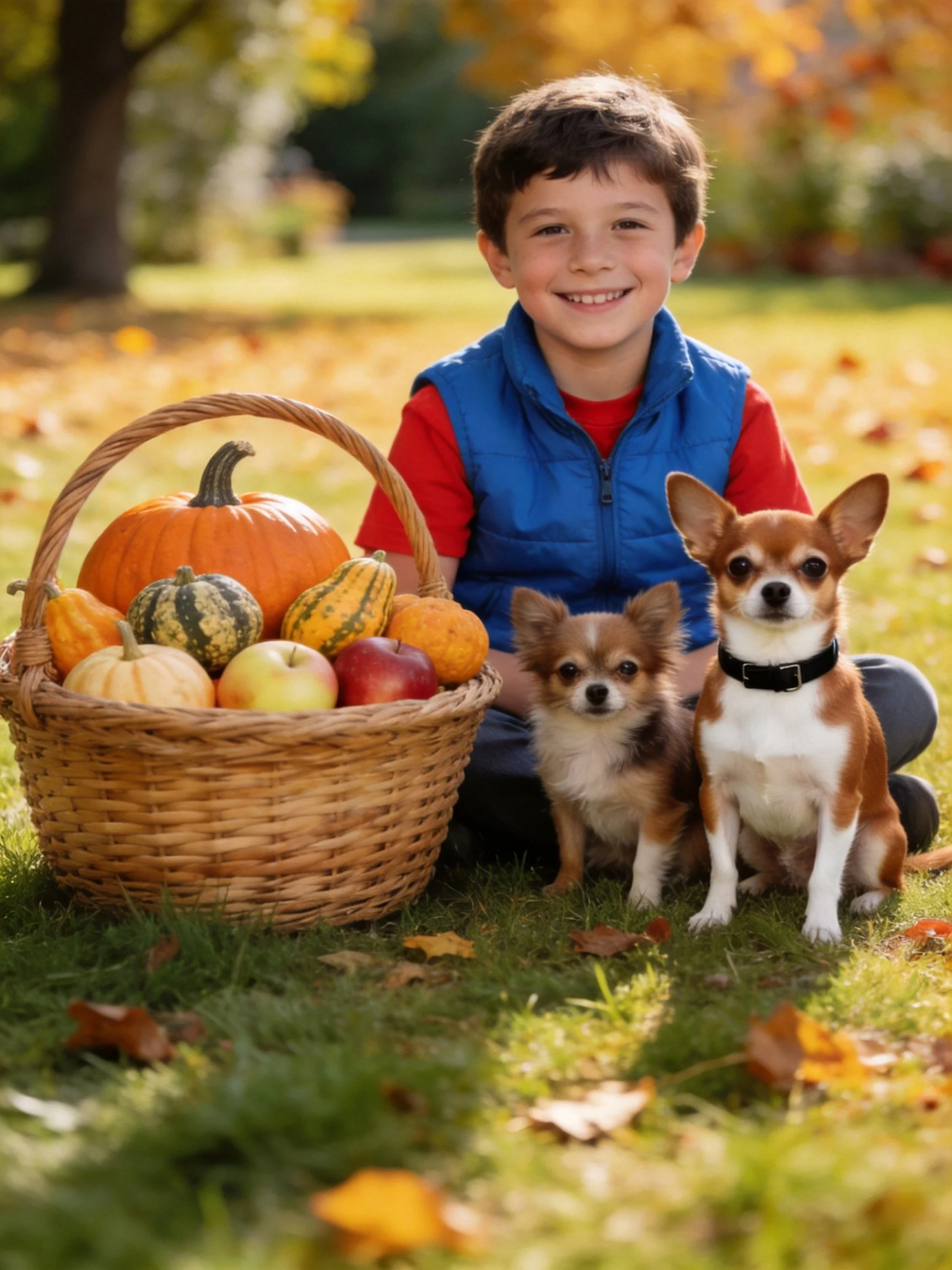 A boy sits outdoors with two small dogs next to a basket of fall fruits and vegetables.