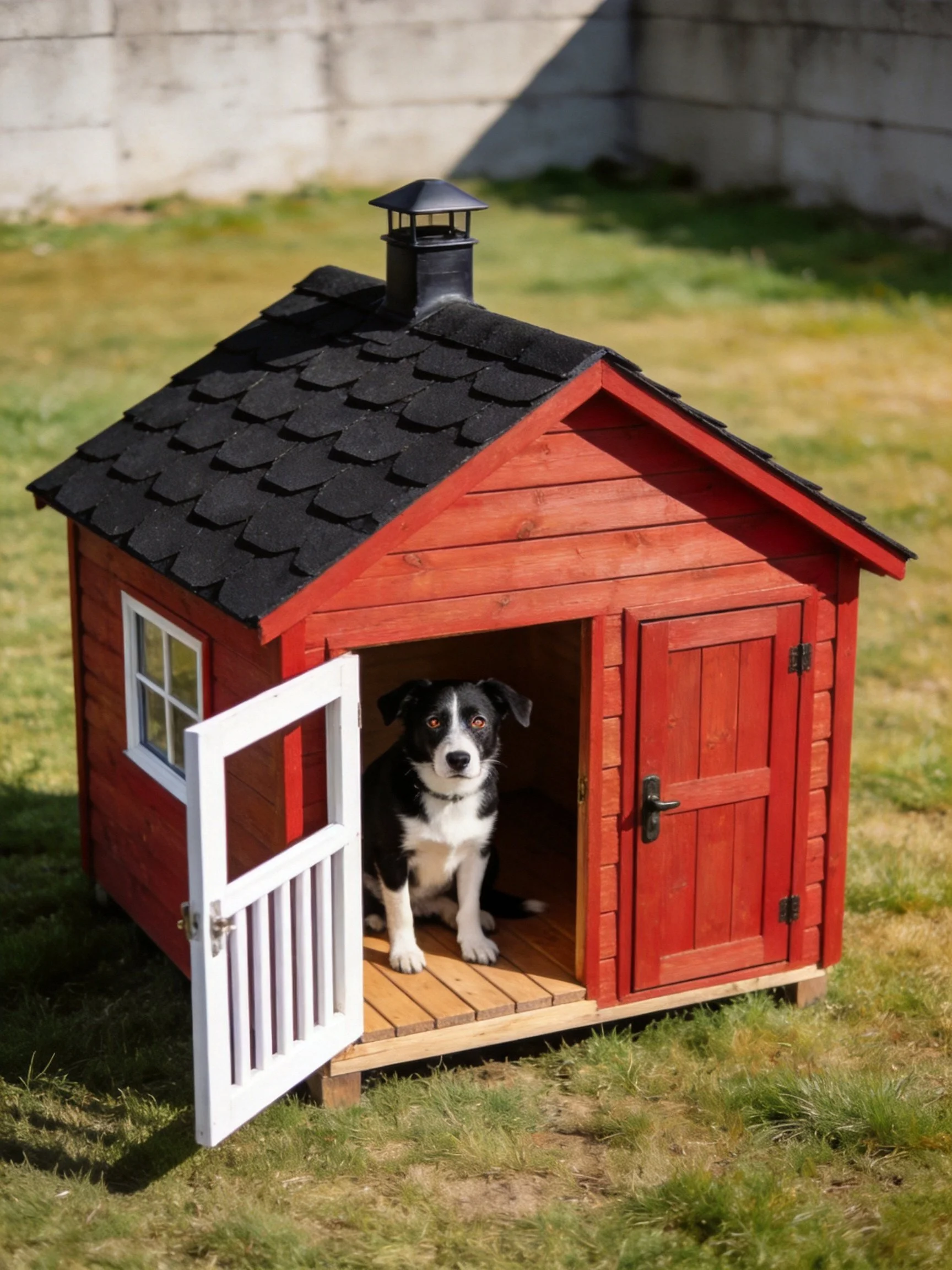 A dog sits inside a small red wooden doghouse with an open door in a grassy area.