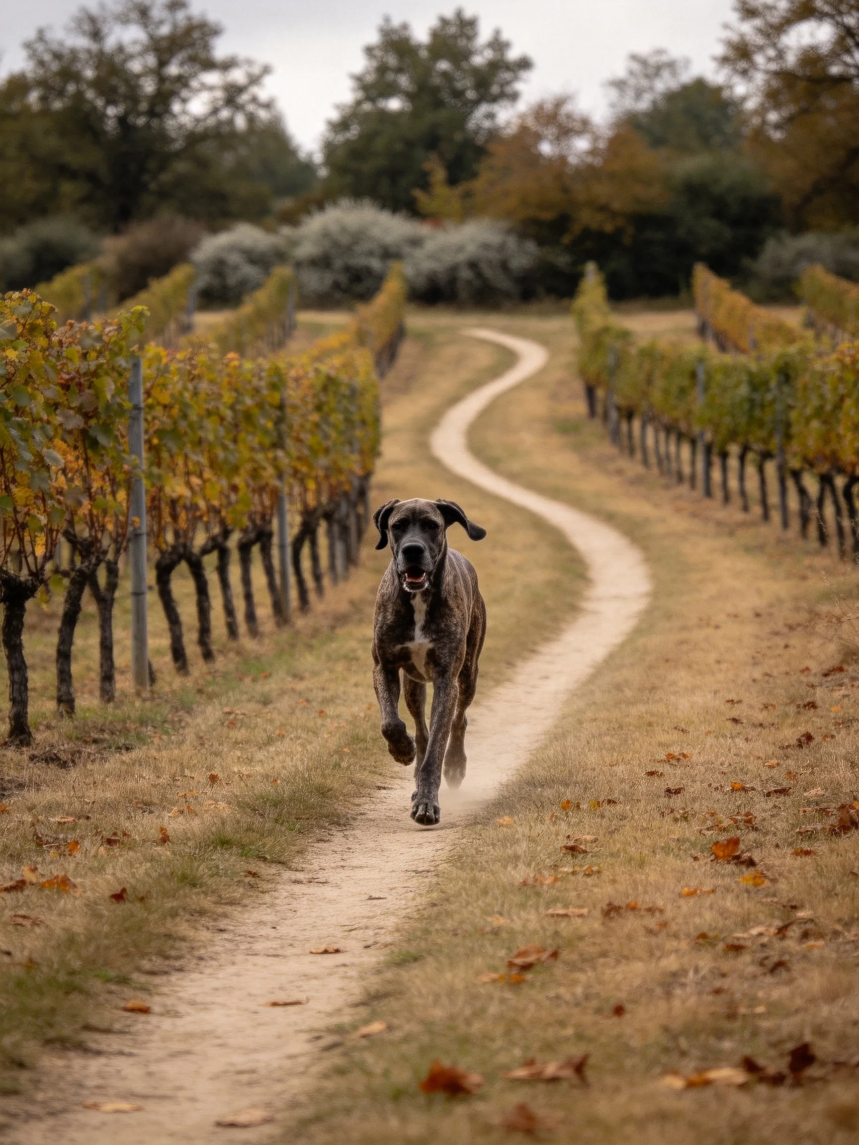 A brindle Great Dane runs through autumnal vineyard rows