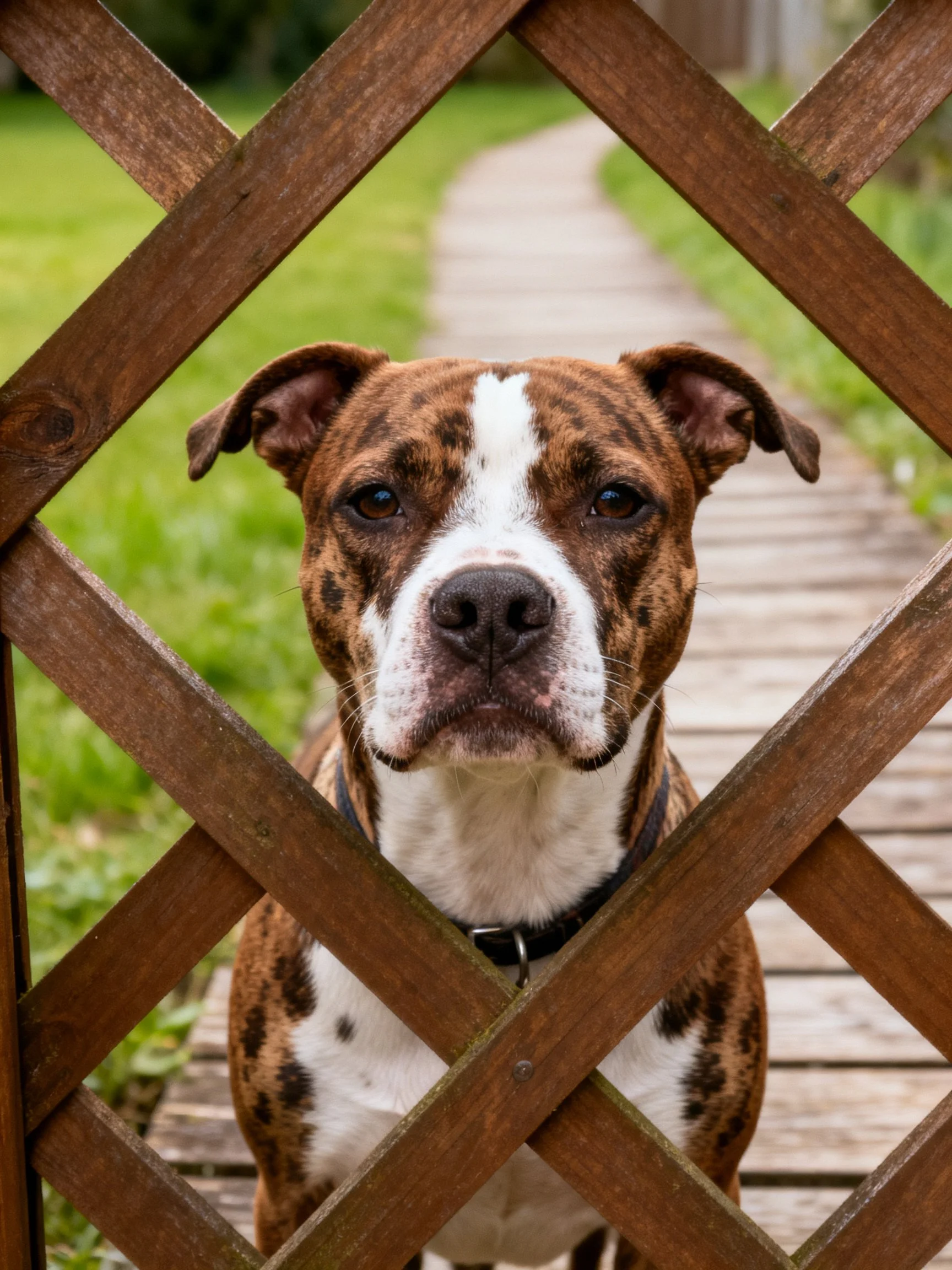 A brindle and white dog behind a wooden lattice fence