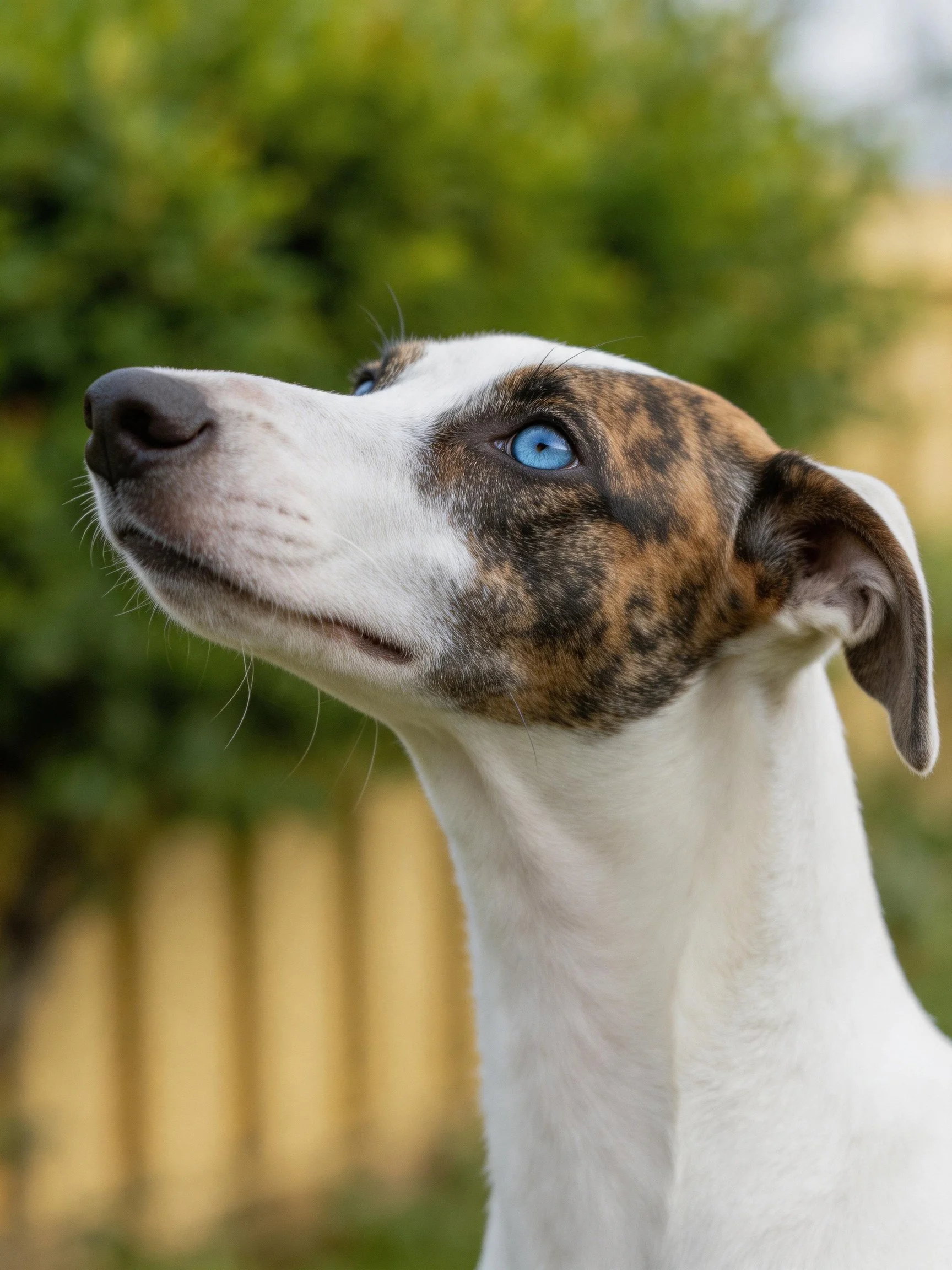 A brindle and white dog gazes upward with striking blue eyes.