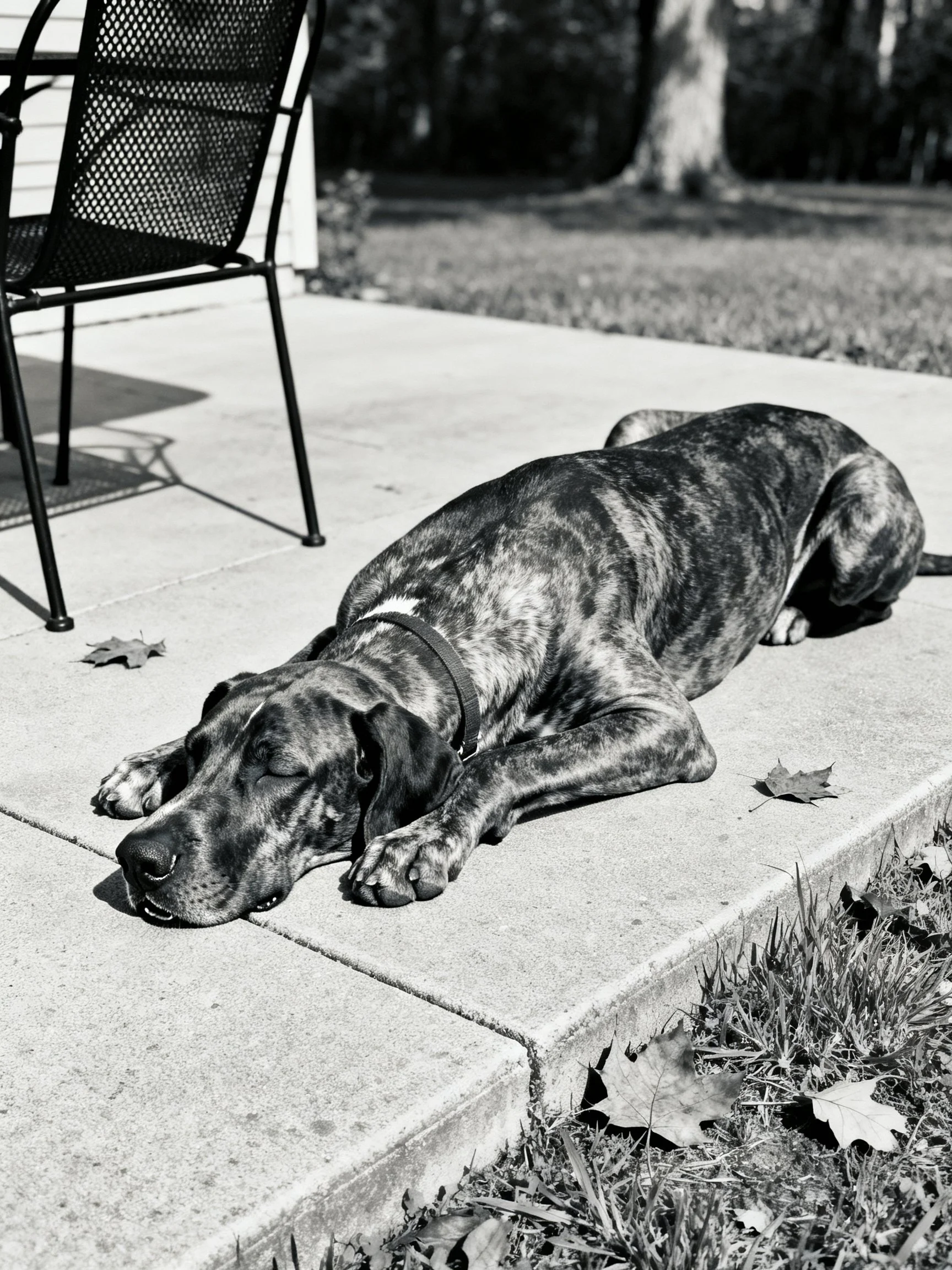 A brindle-coated Great Dane sleeps on a concrete patio.