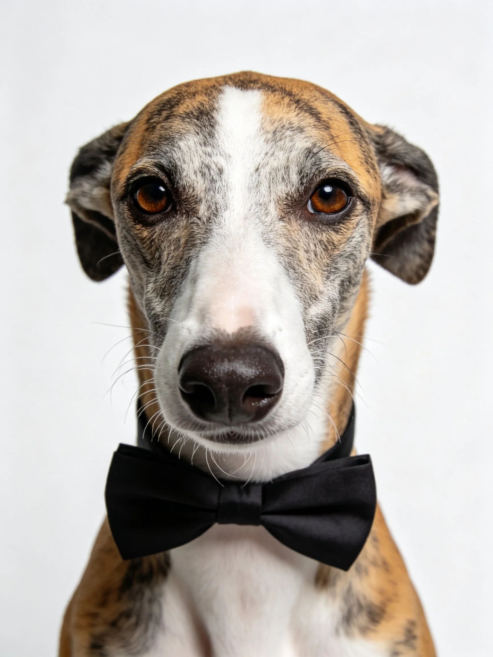 A brindle-coated dog adorned with a black bow tie