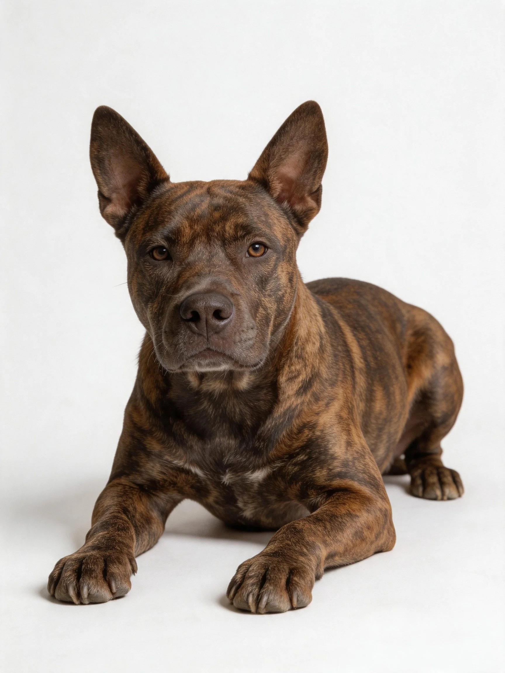 A brindle - coated dog lies serenely on a stark white backdrop