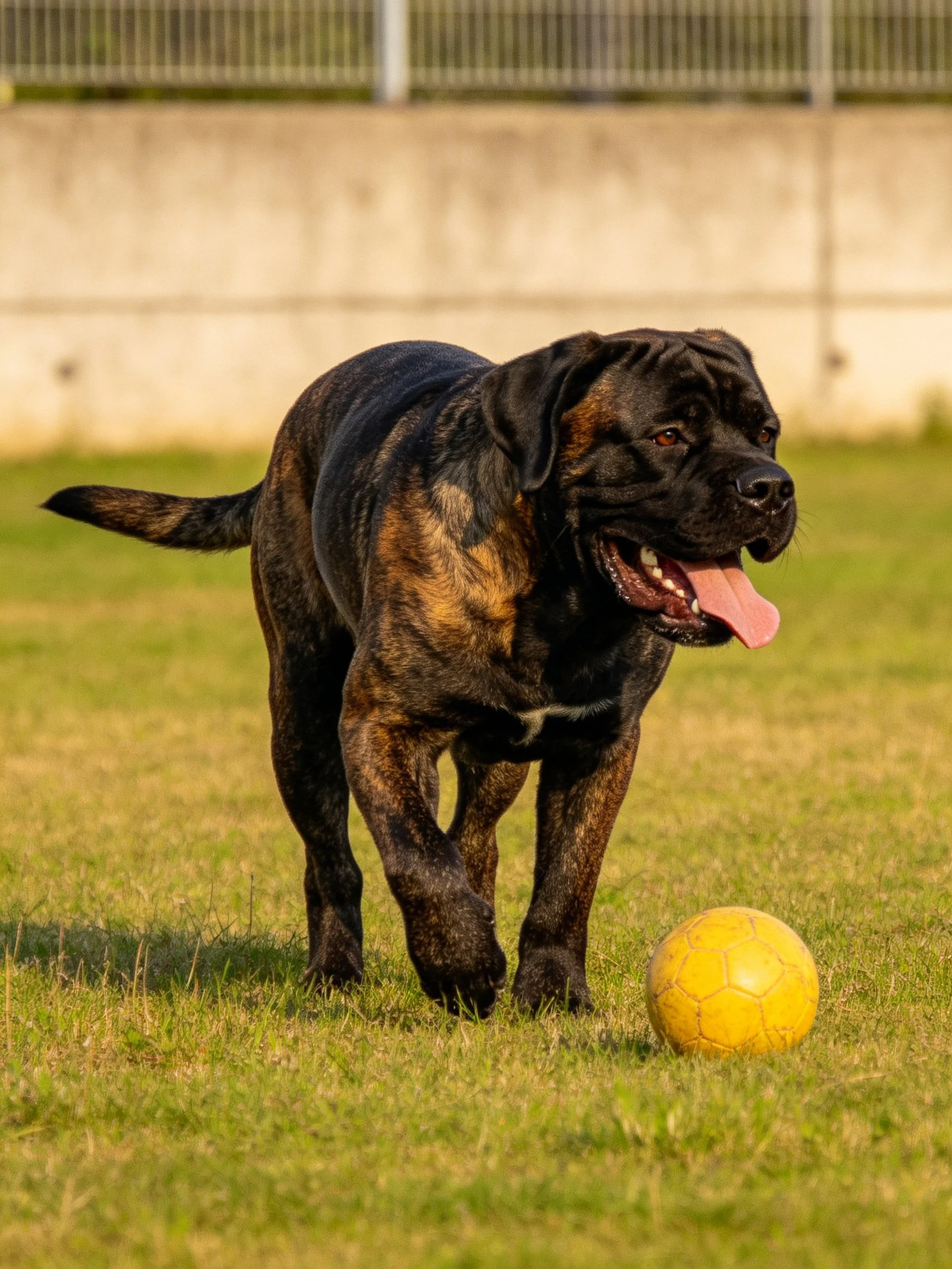 A brindle - coated dog plays near a bright yellow ball on grass