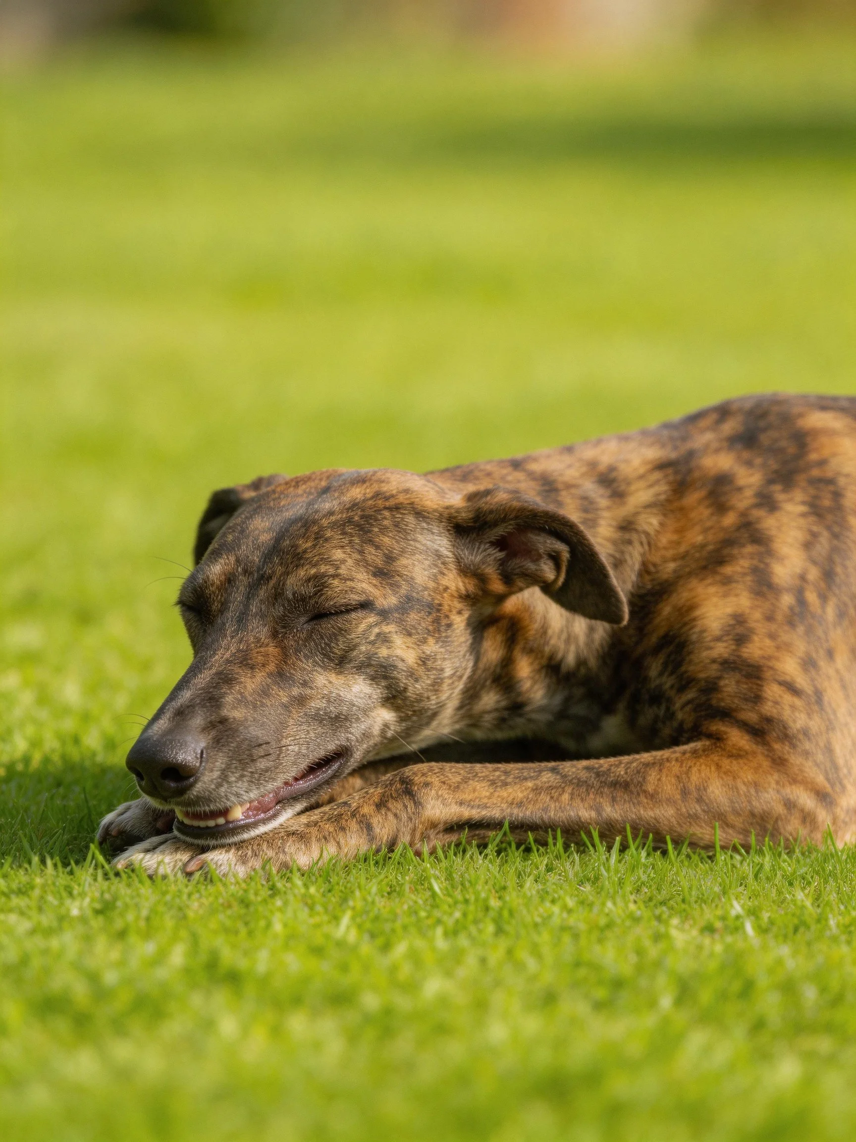 A brindle - coated dog resting on lush green grass