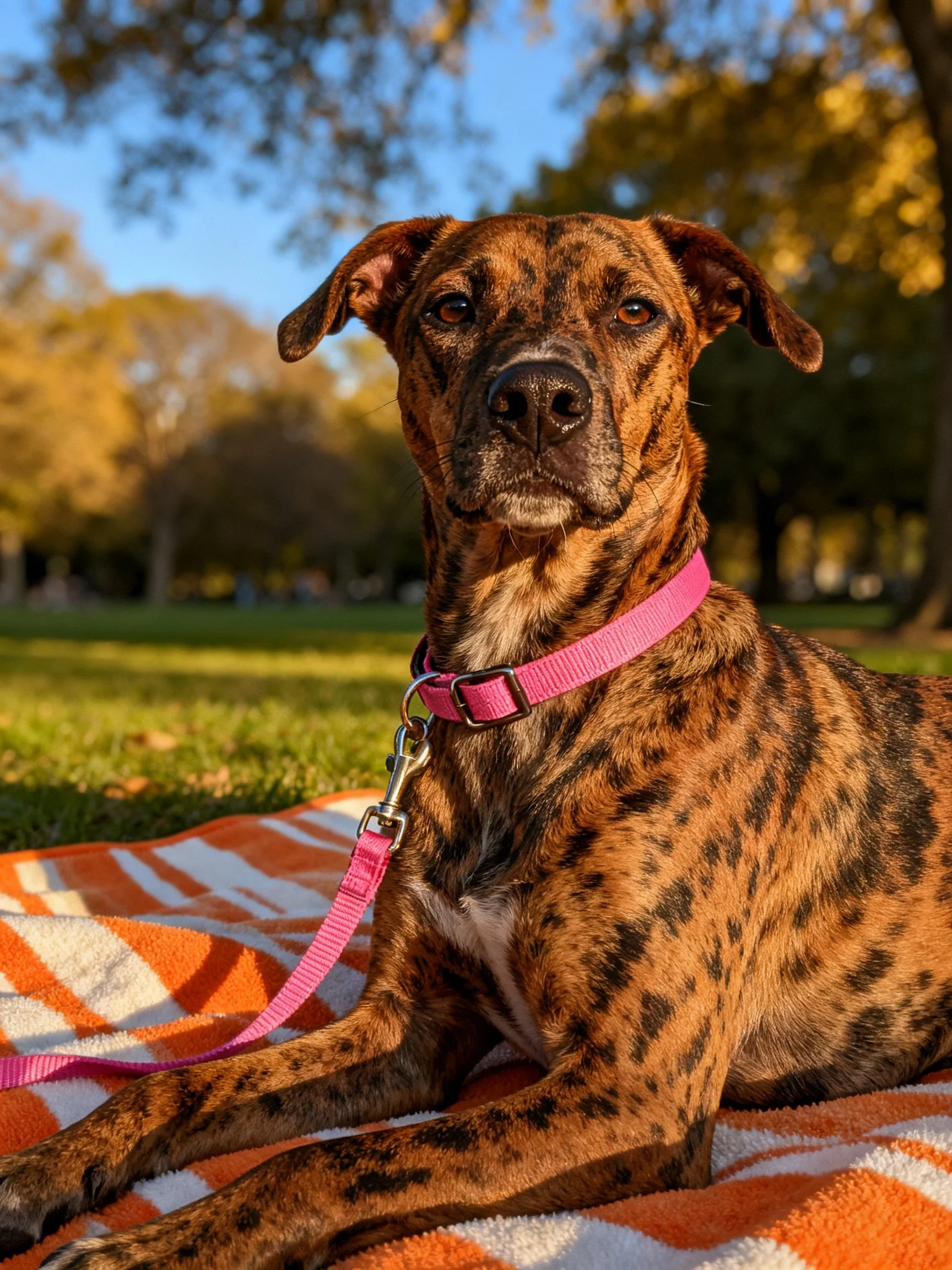 A brindle - coated dog rests on an orange - striped towel in a sunlit park