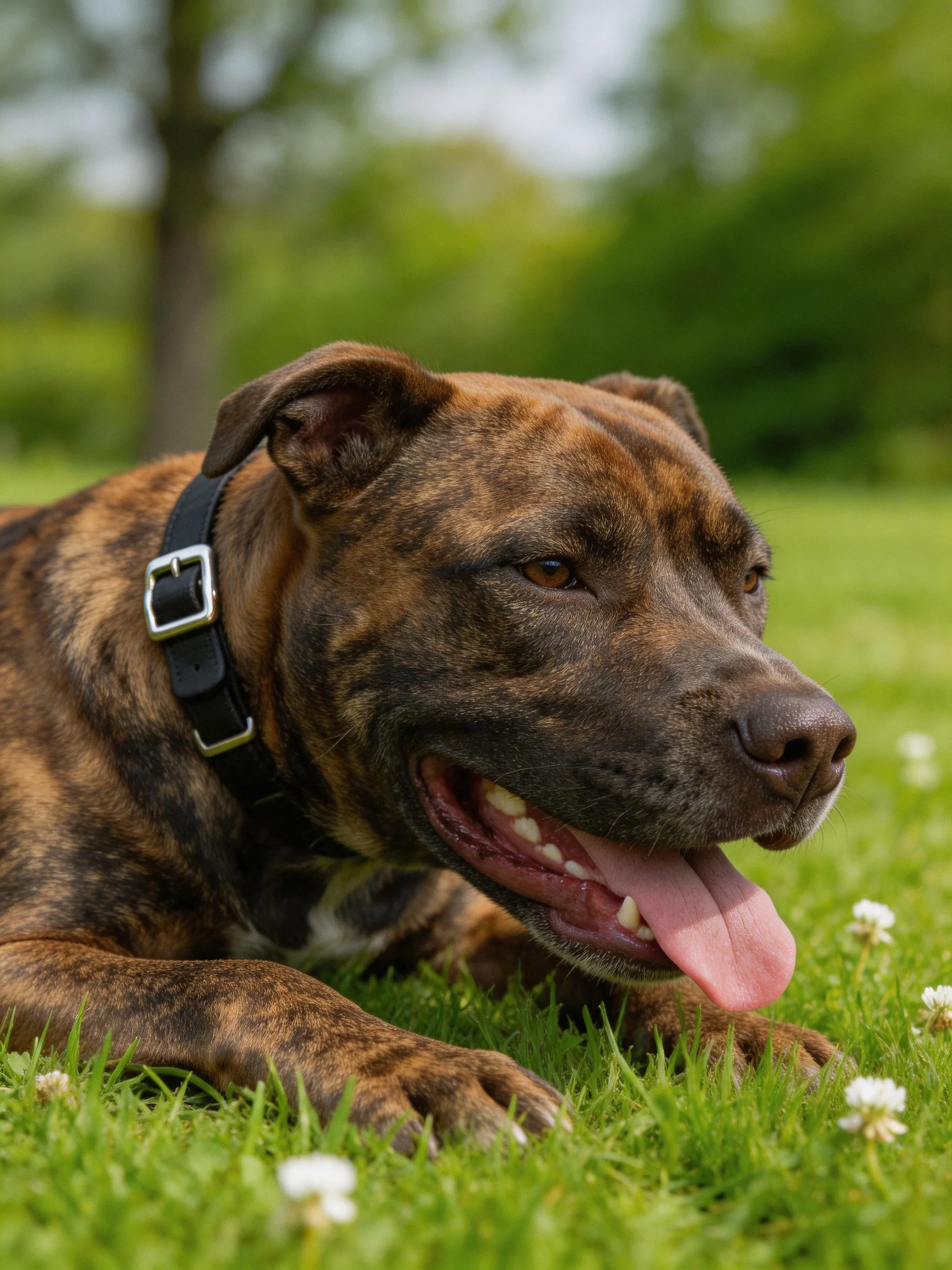 A brindle - coated dog rests on lush green grass with white flowers