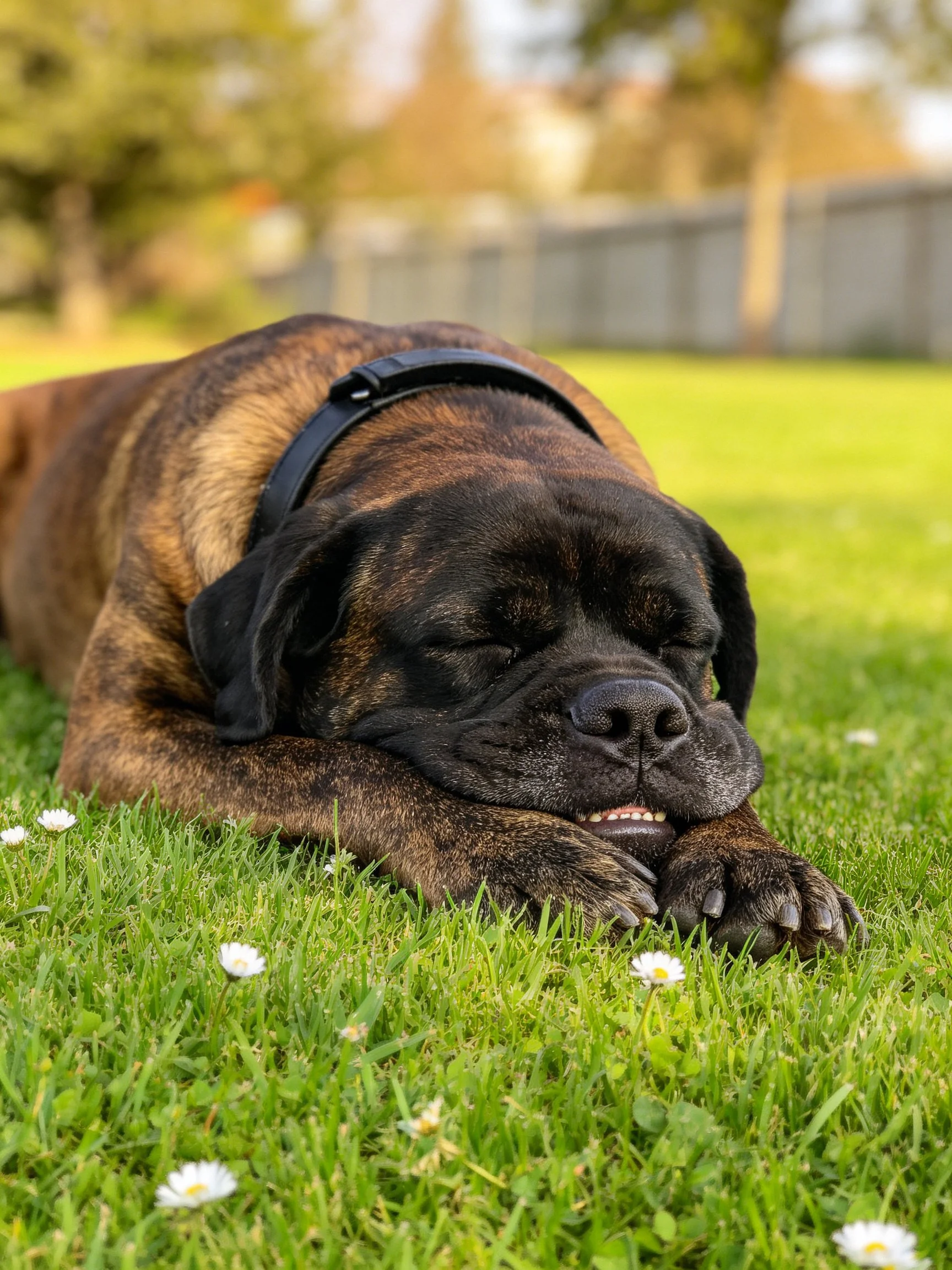 A brindle - coated dog relaxes on grass in a sunny outdoor setting.
