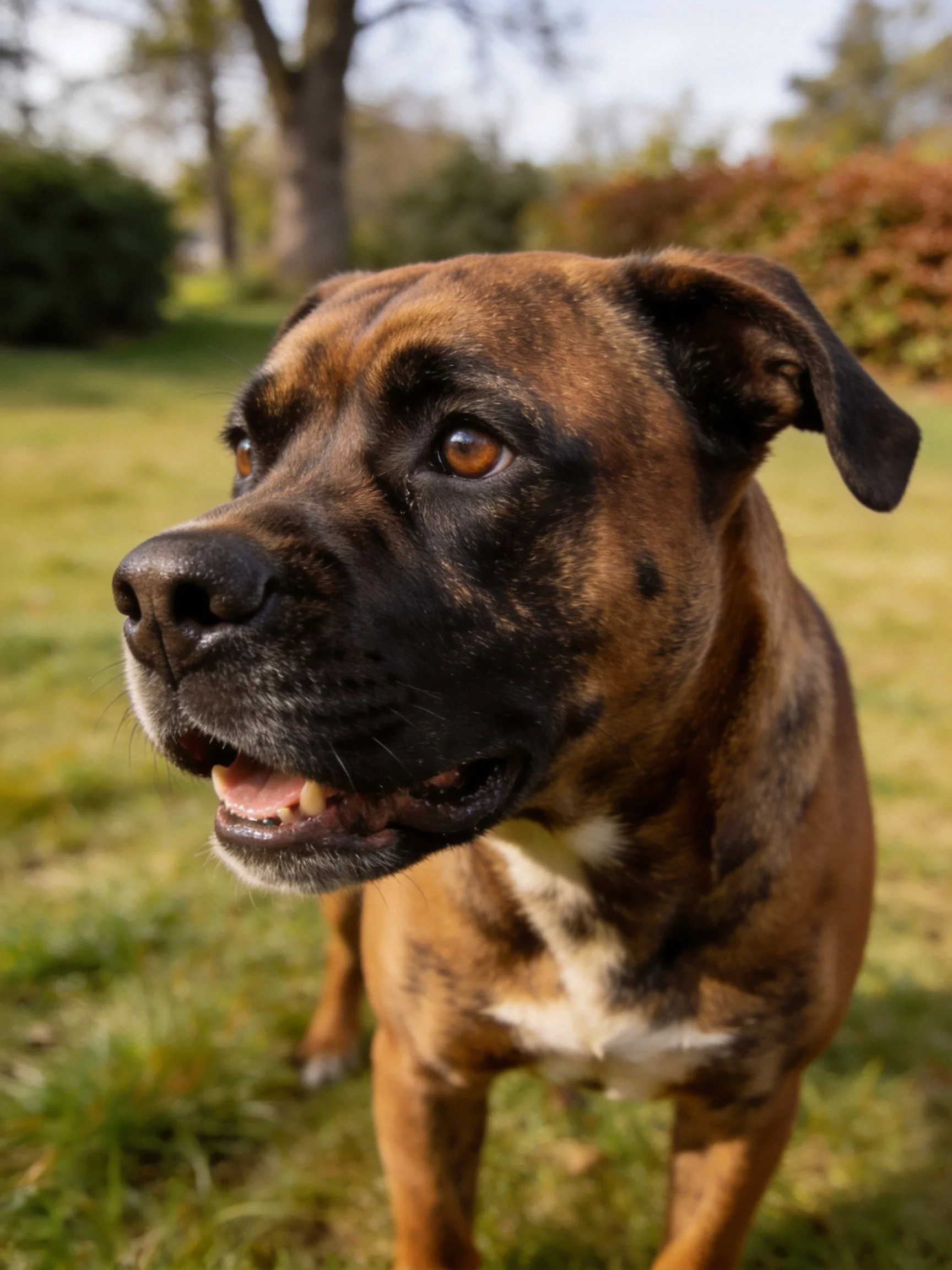 A brindle-coated dog stands alert in a sunlit yard