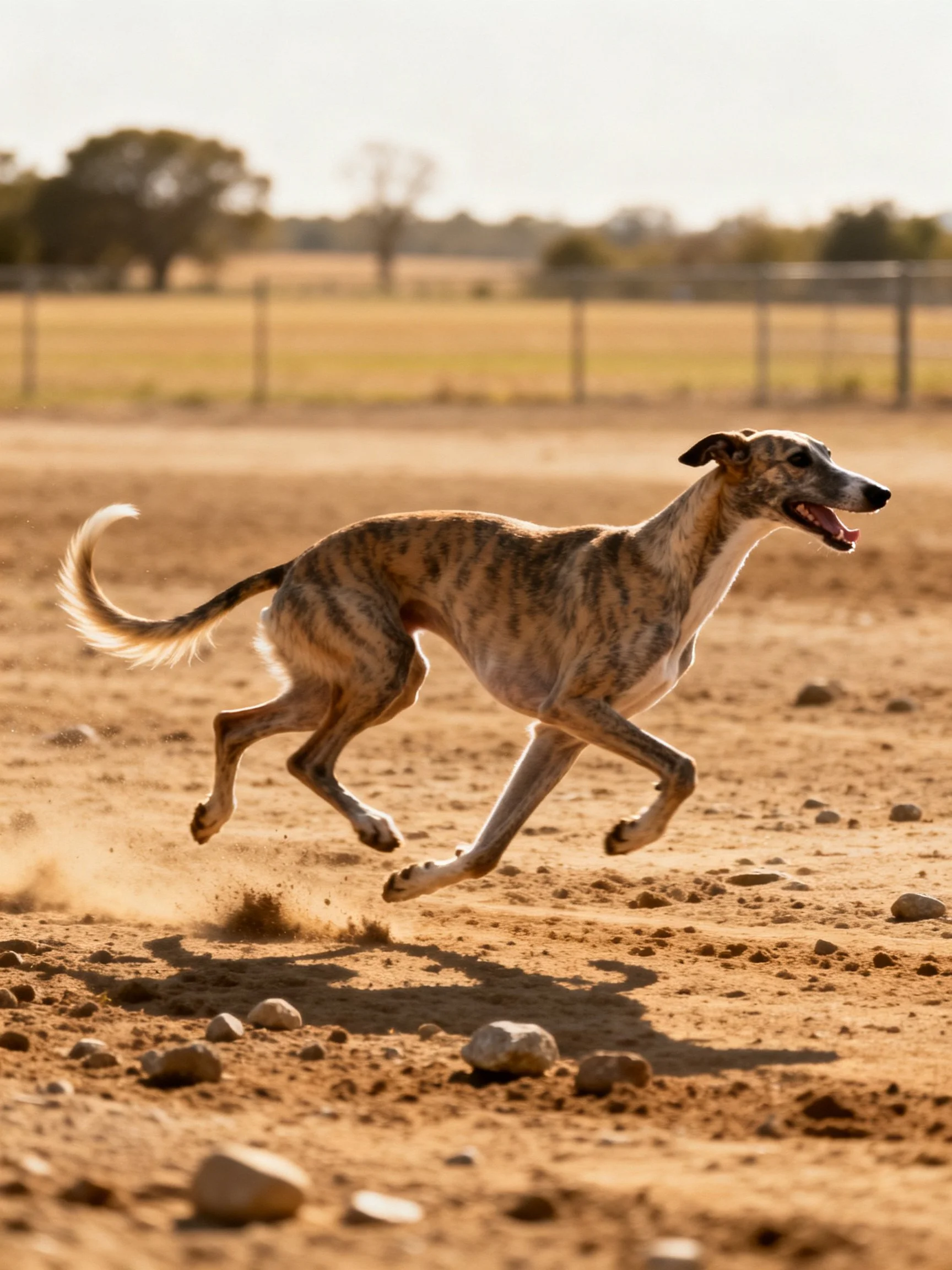 A brindle - coated greyhound sprints across a dusty track
