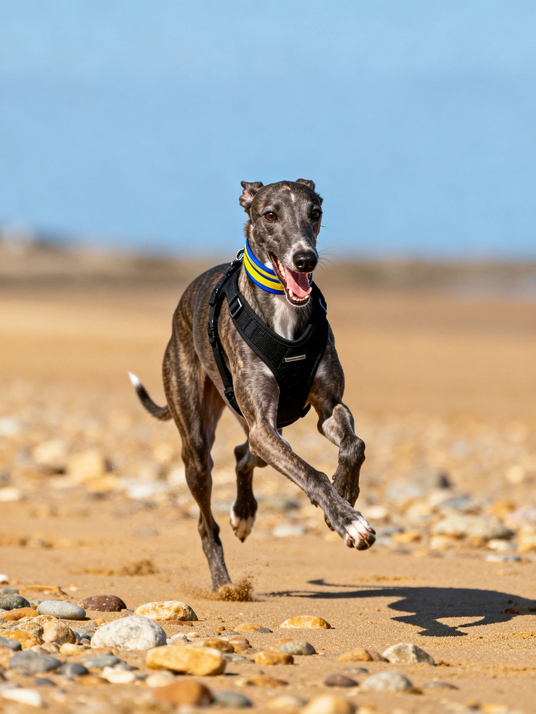 A brindle - coated greyhound runs energetically over rocky terrain under clear skies.