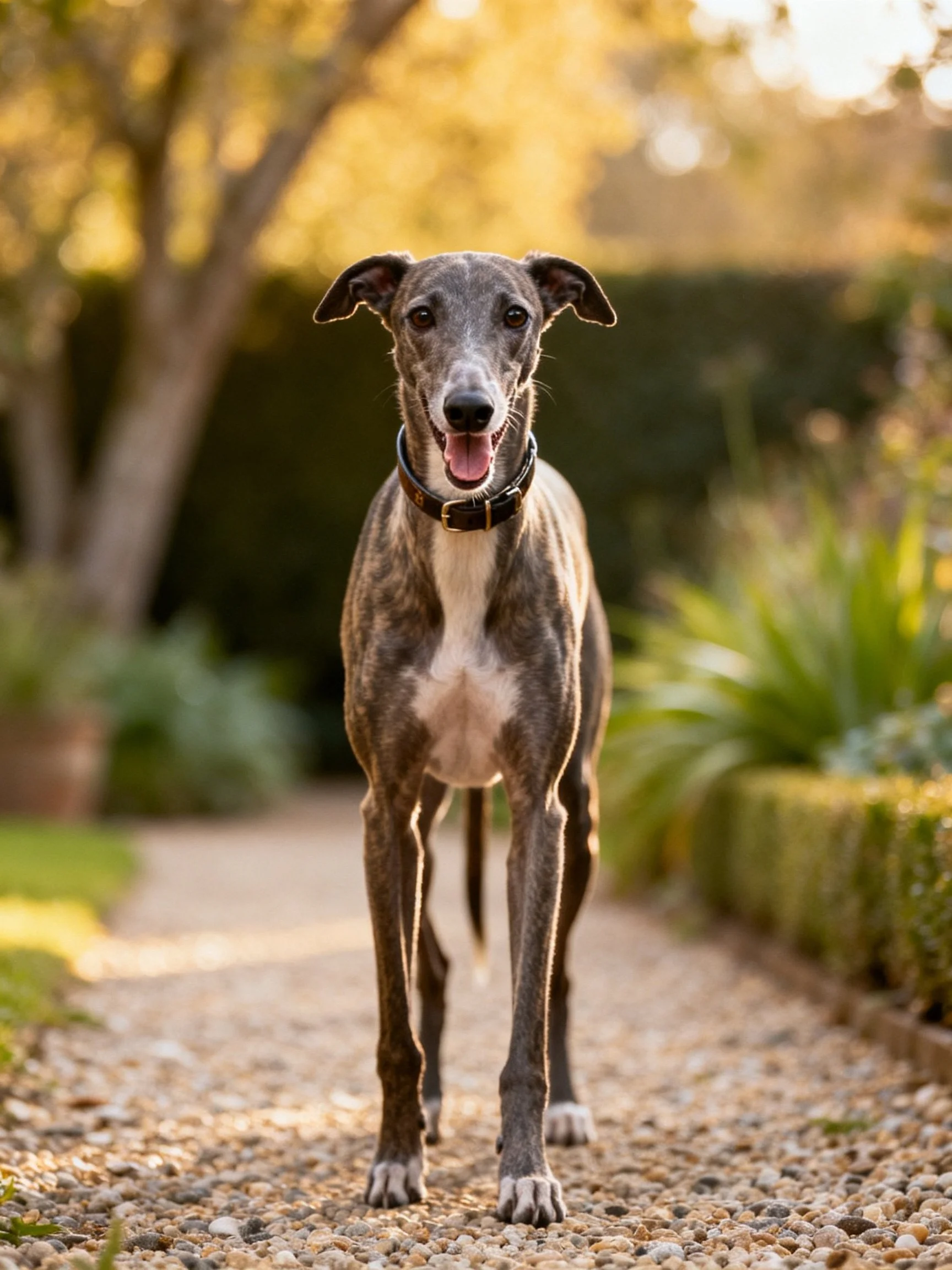A brindle-coated greyhound stands on a gravel path in a sunlit garden