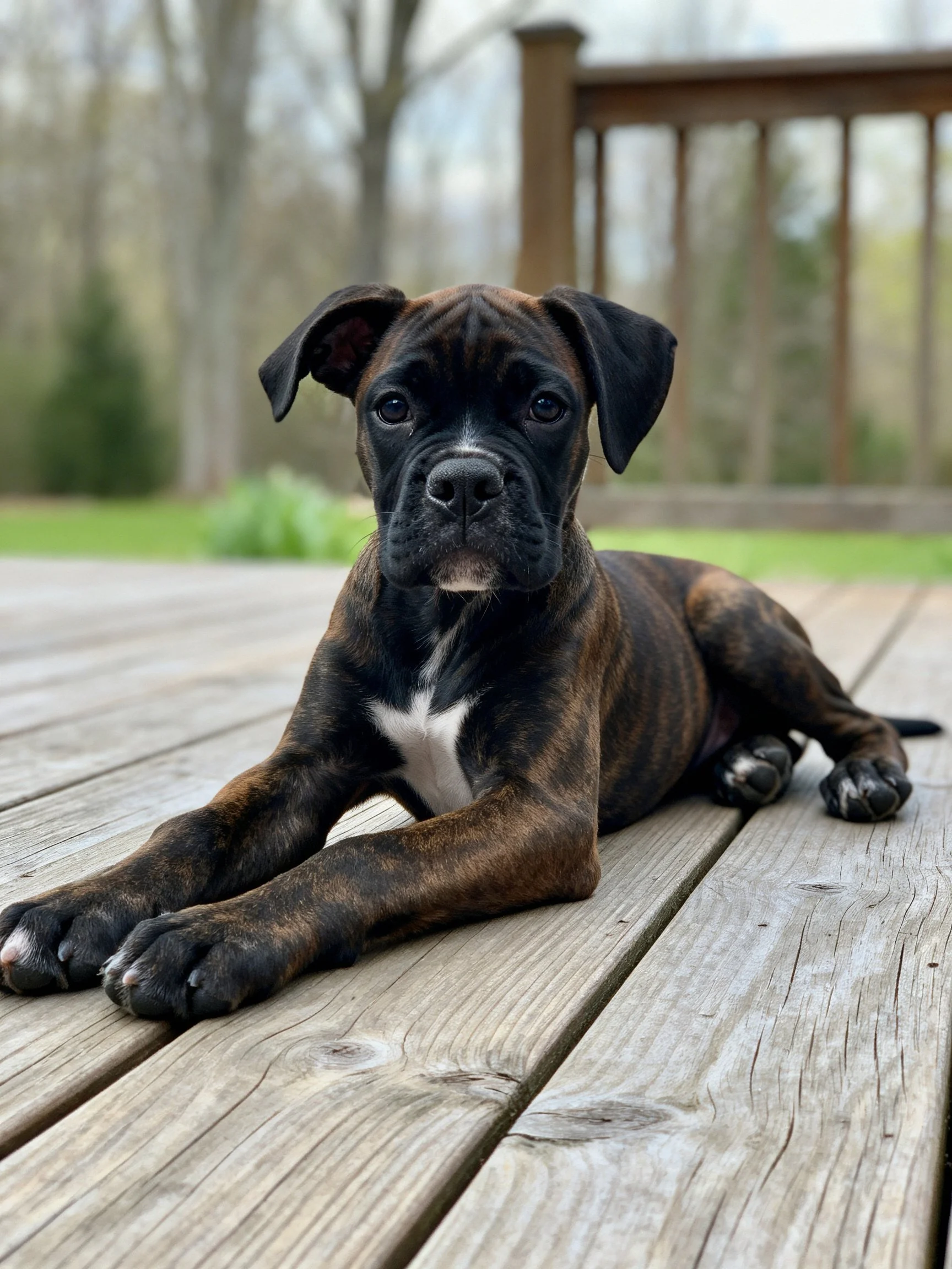 A brindle-coated puppy rests on weathered wooden planks outdoors