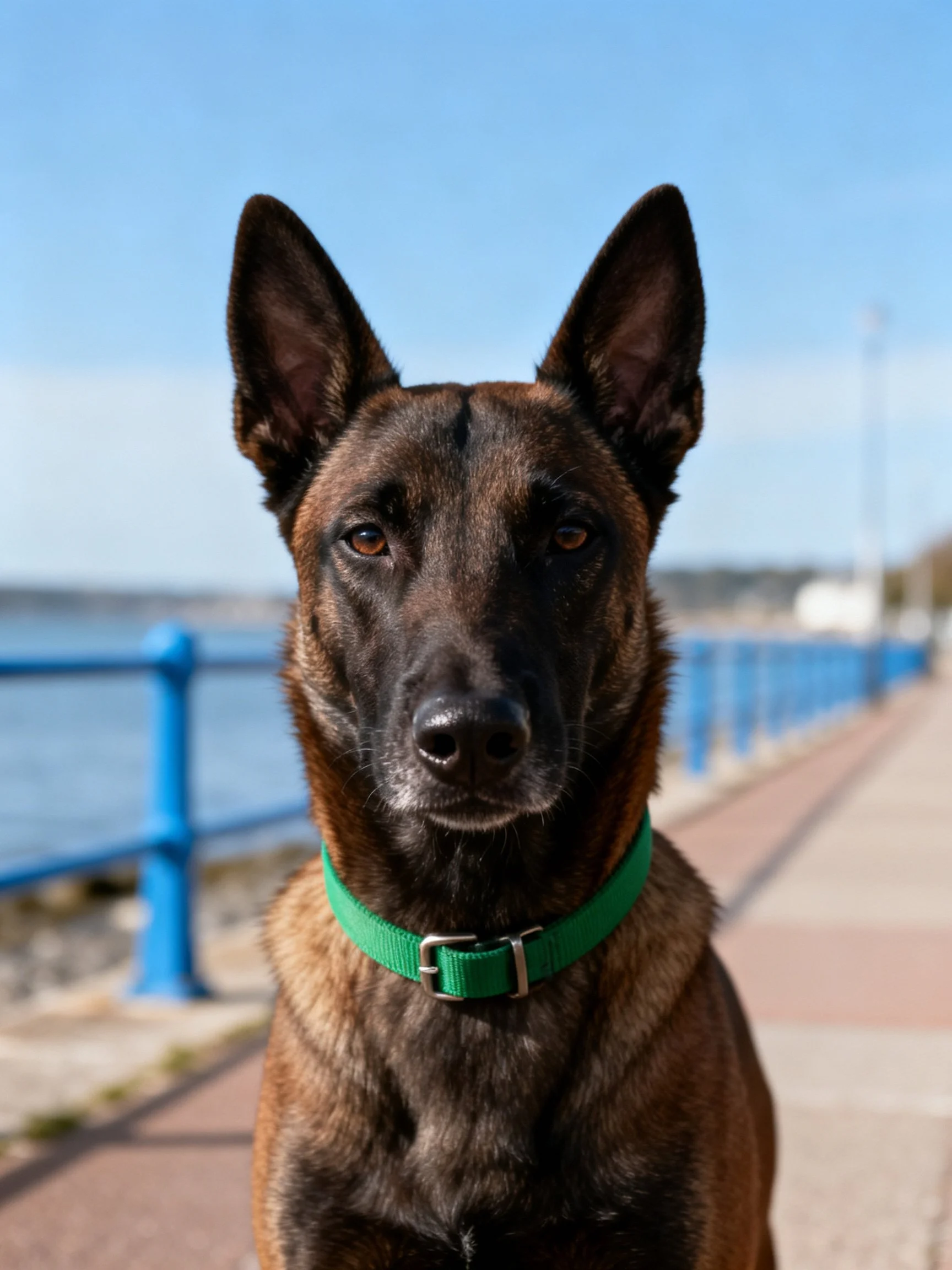 A brown Belgian Malinois with a green collar near blue railings