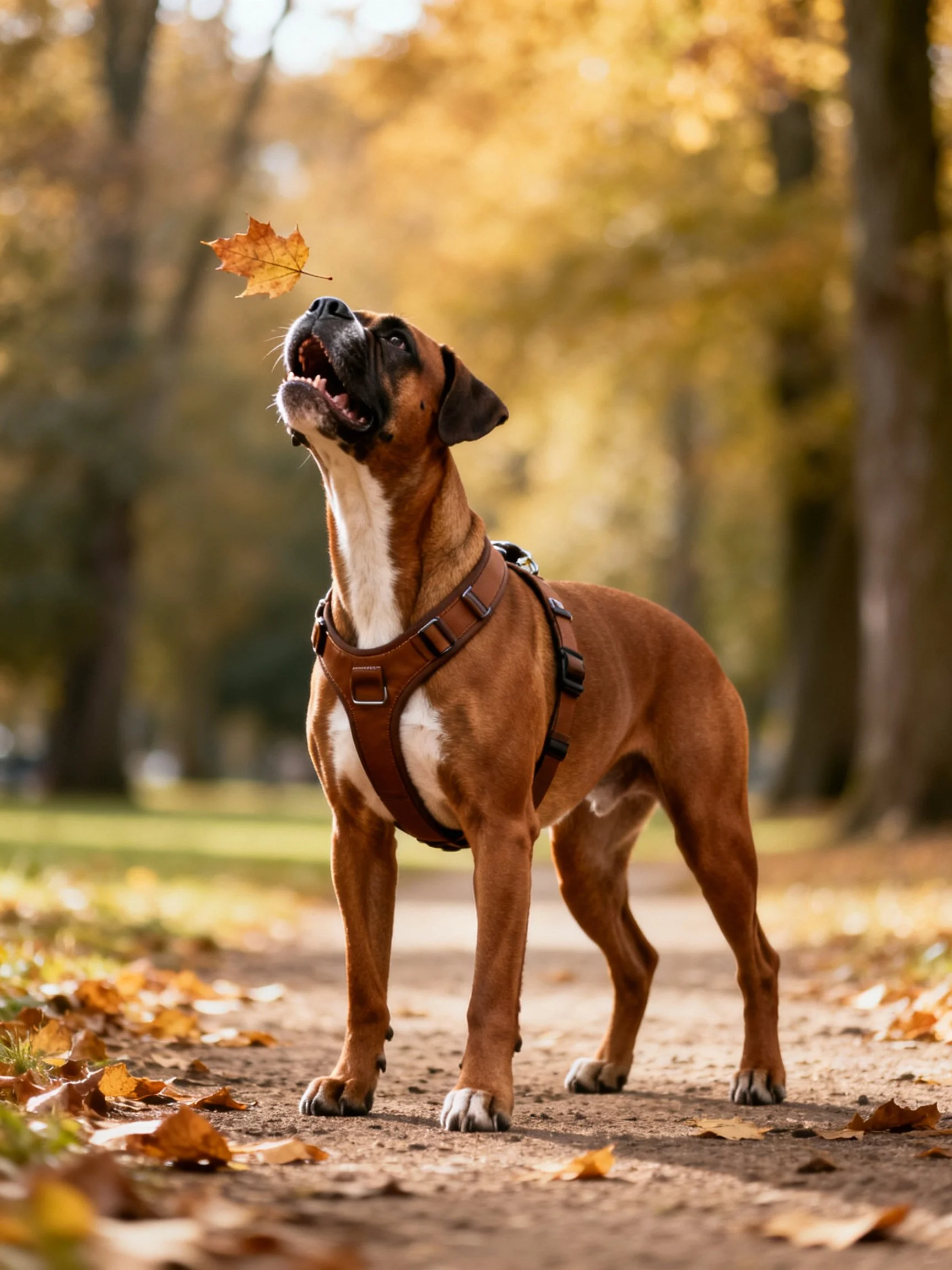 A brown Boxer dog chases a golden maple leaf in an autumnal park