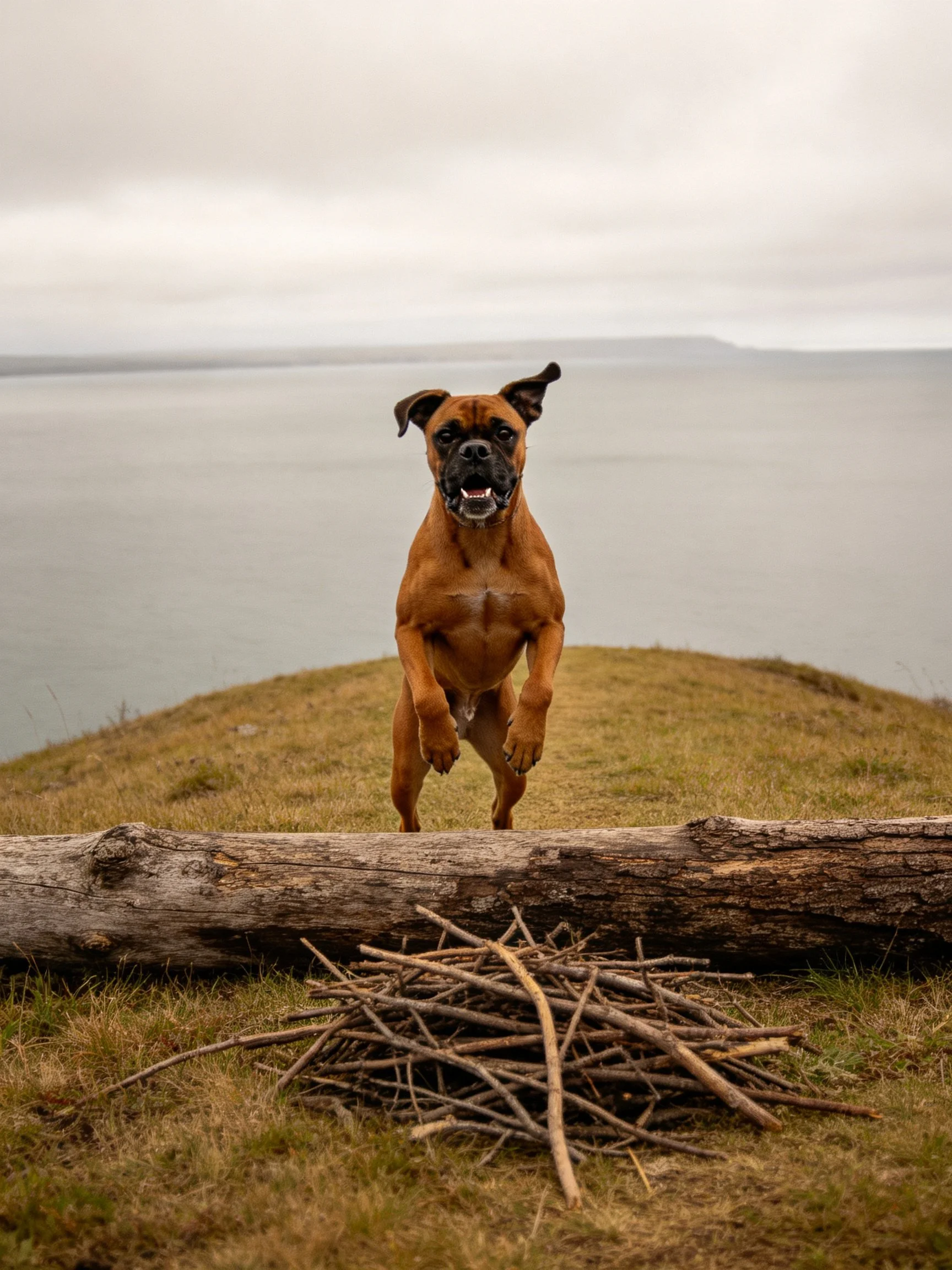 A brown Boxer dog jumps over a log near calm water