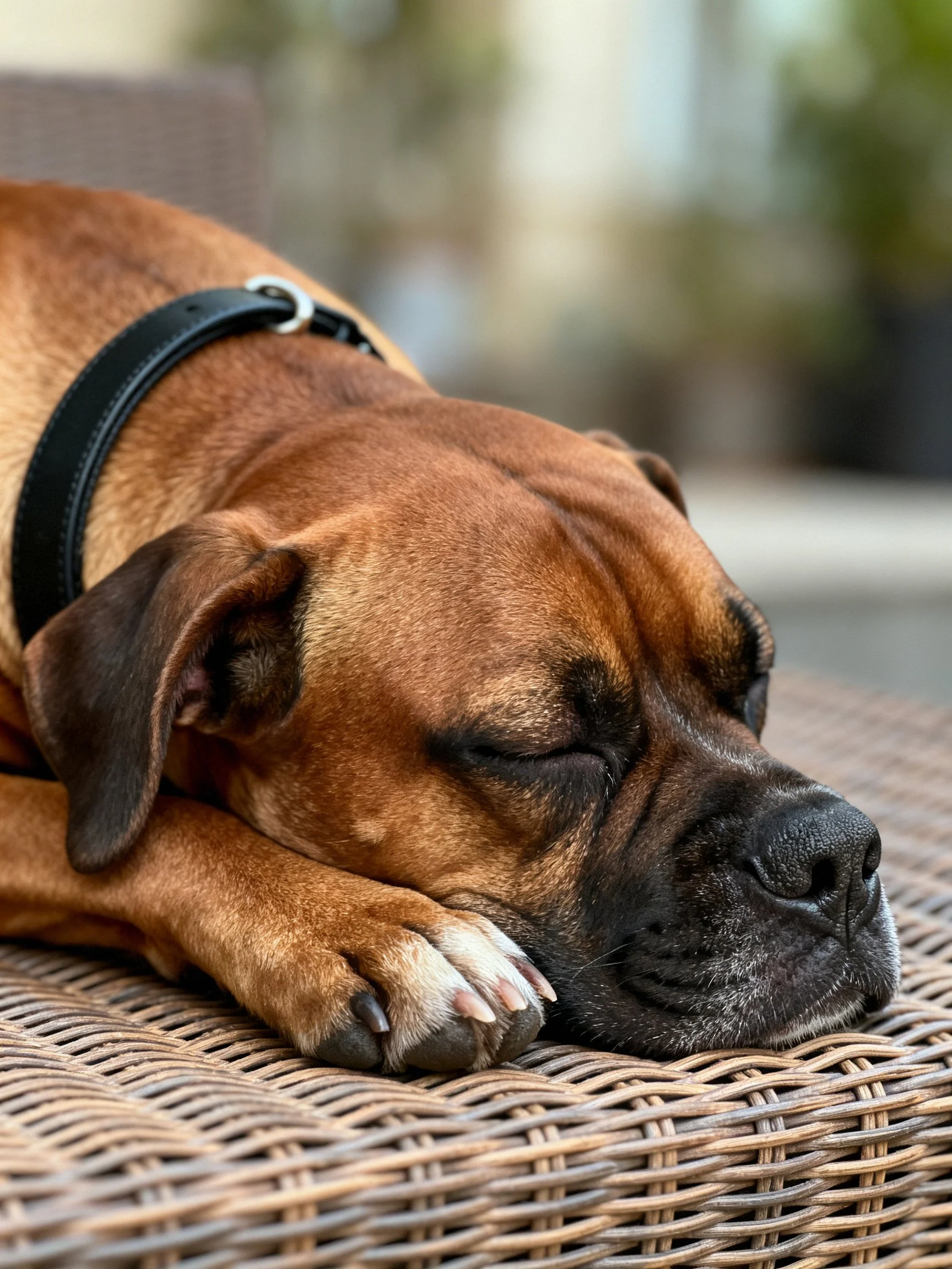 A brown Boxer dog resting on a wicker chair outdoors