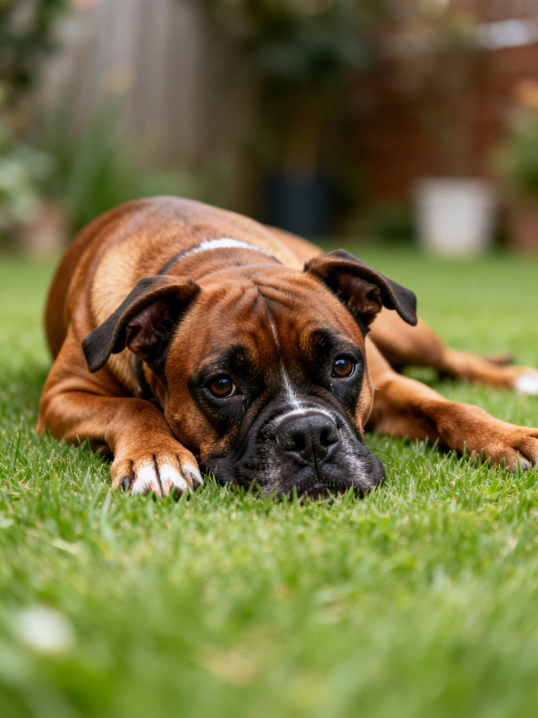 A brown Boxer dog resting on lush green grass