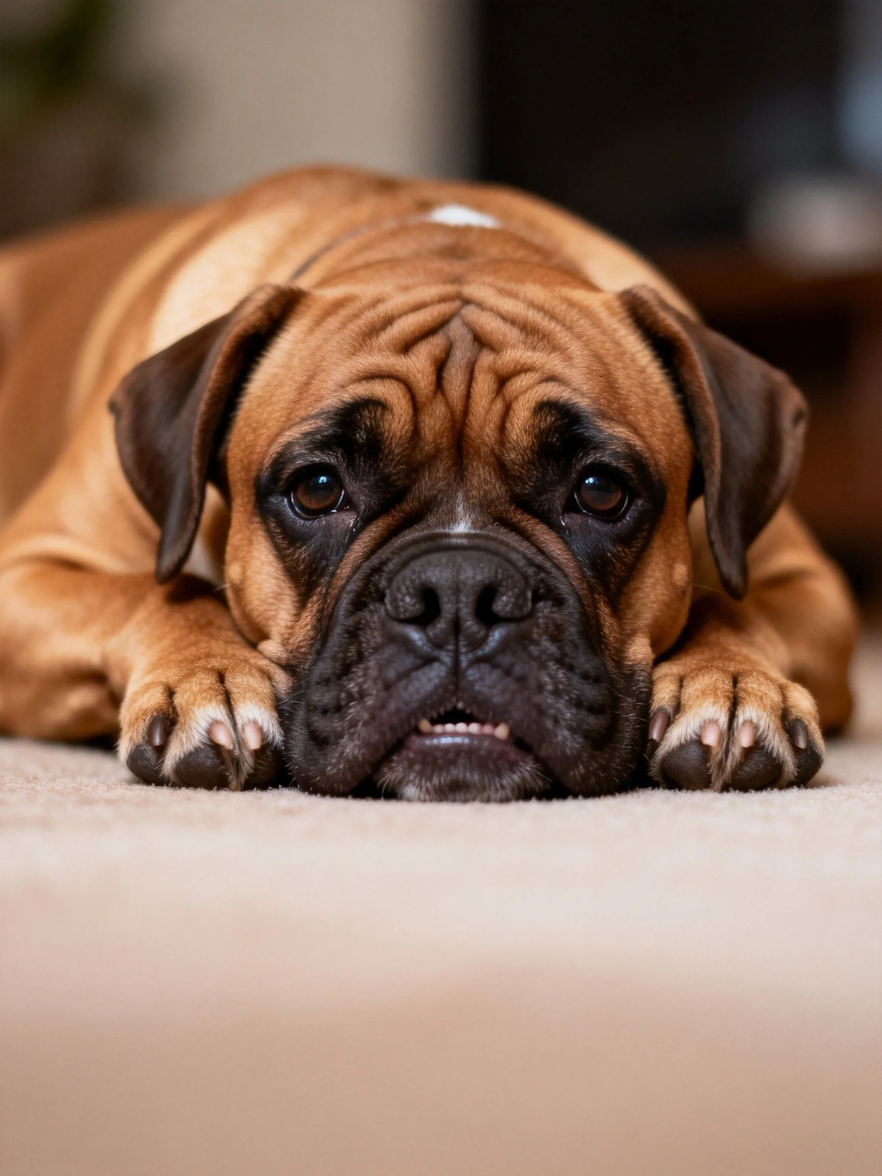 A brown Boxer dog rests on a beige carpet with dark facial markings