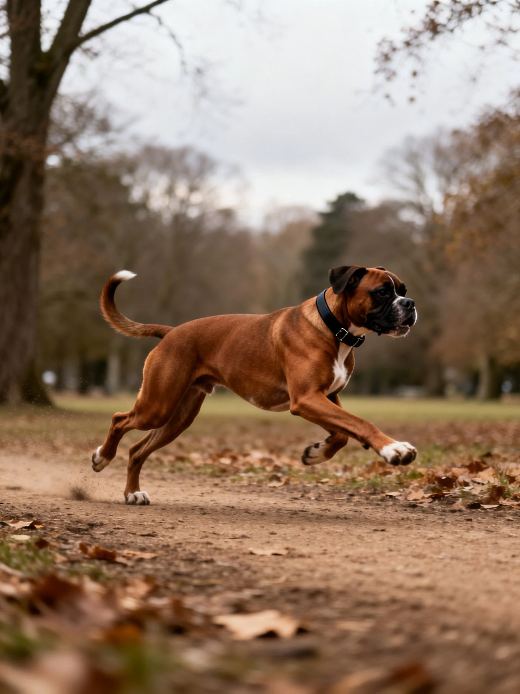 A brown Boxer dog runs energetically on a leaf-strewn path