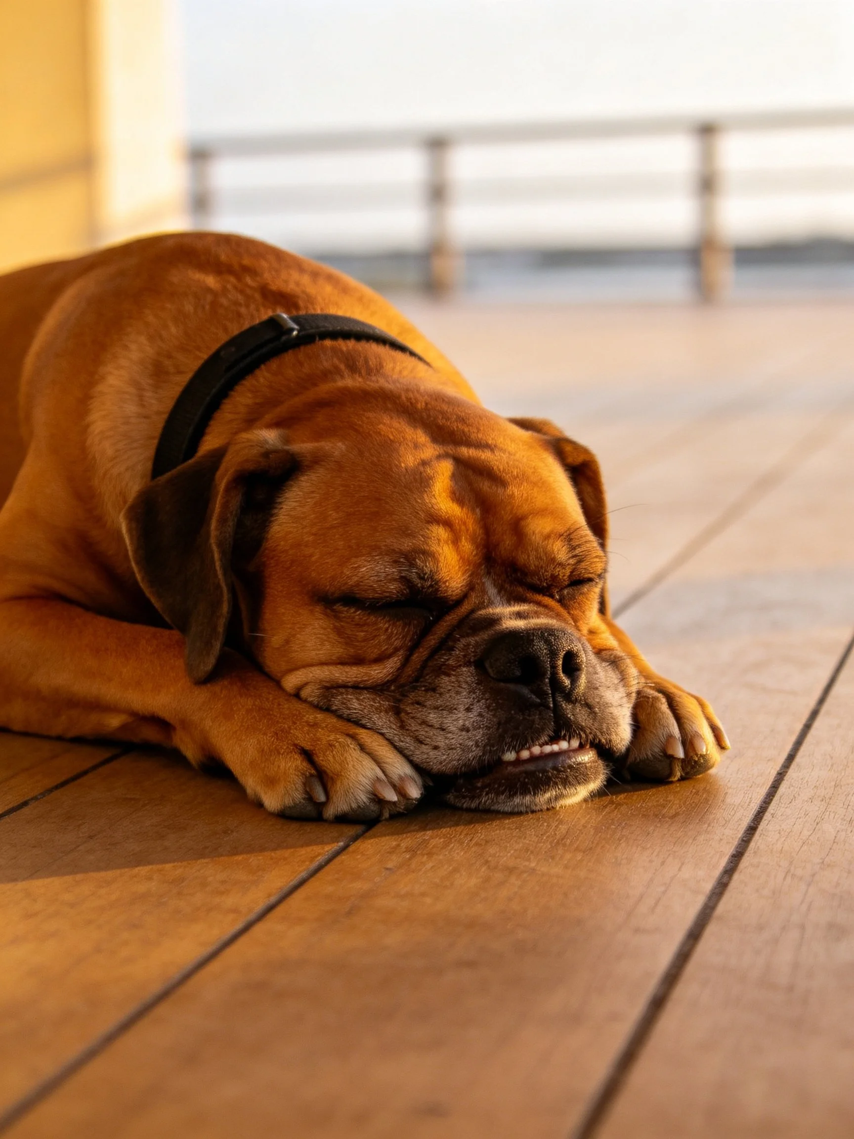 A brown Boxer dog sleeps on a wooden deck near water