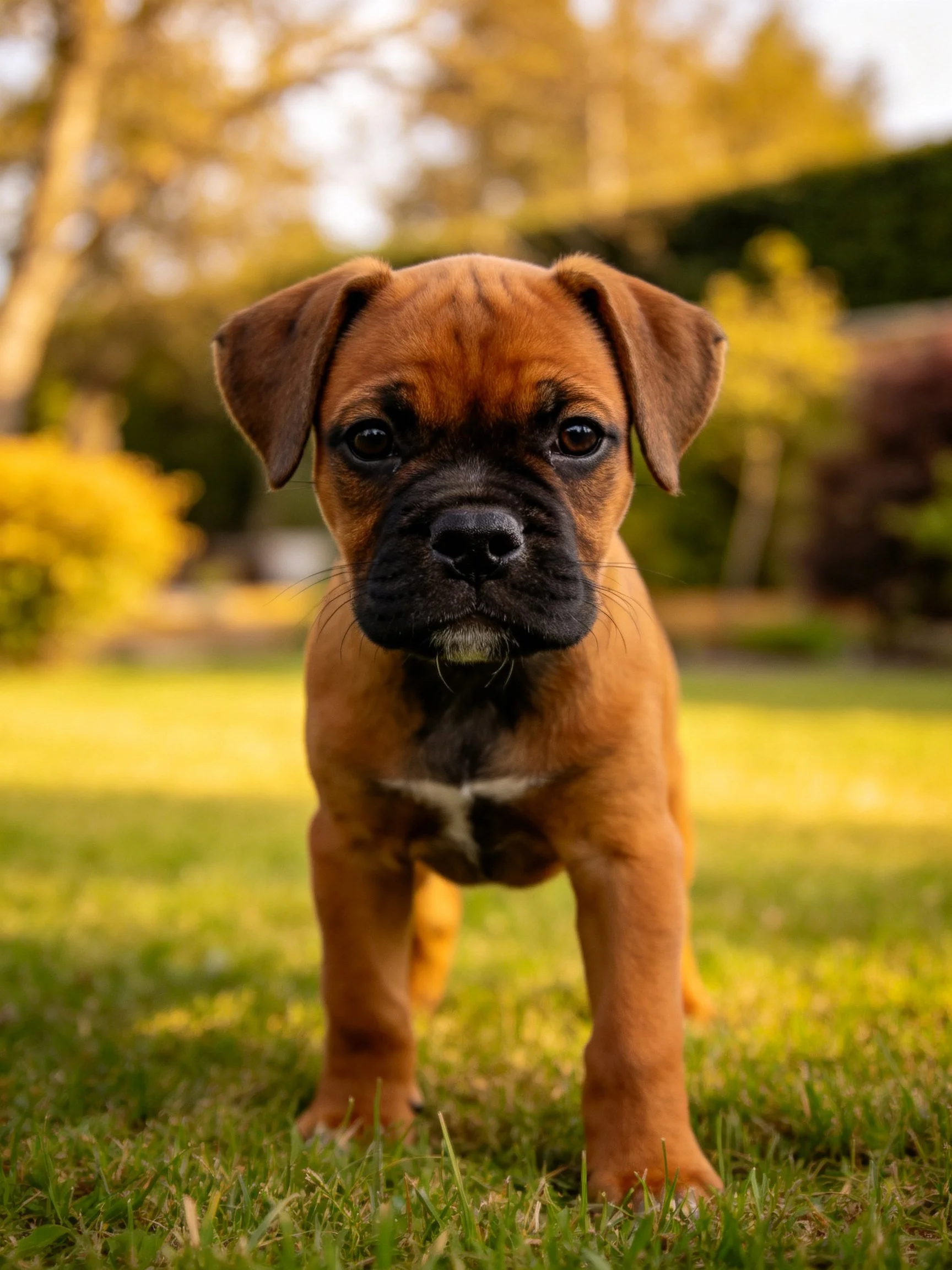 A brown Boxer puppy stands on green grass outdoors