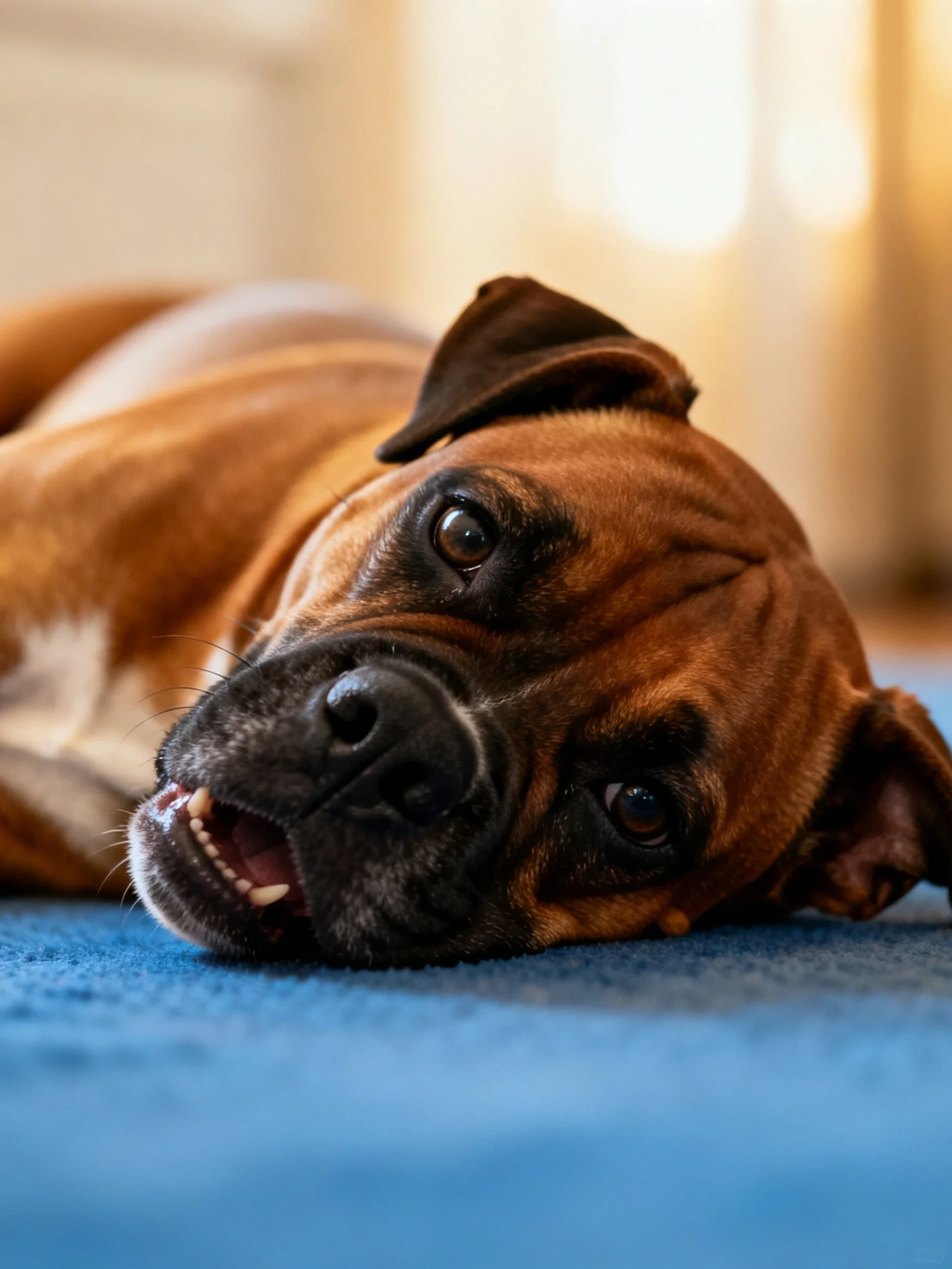 A brown Boxer rests on a blue carpet with relaxed posture
