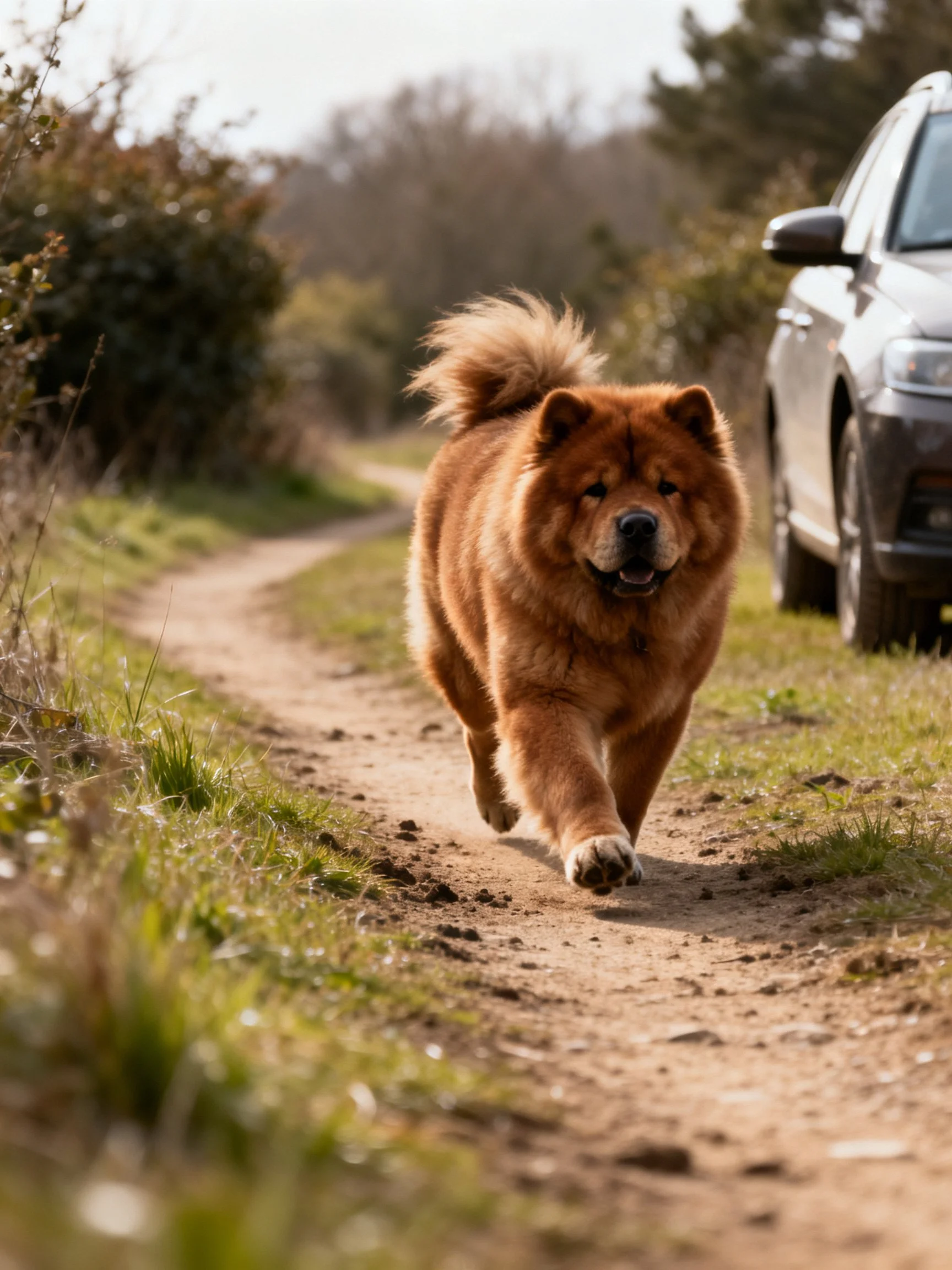 A brown Chow dog runs along a dirt path beside a vehicle