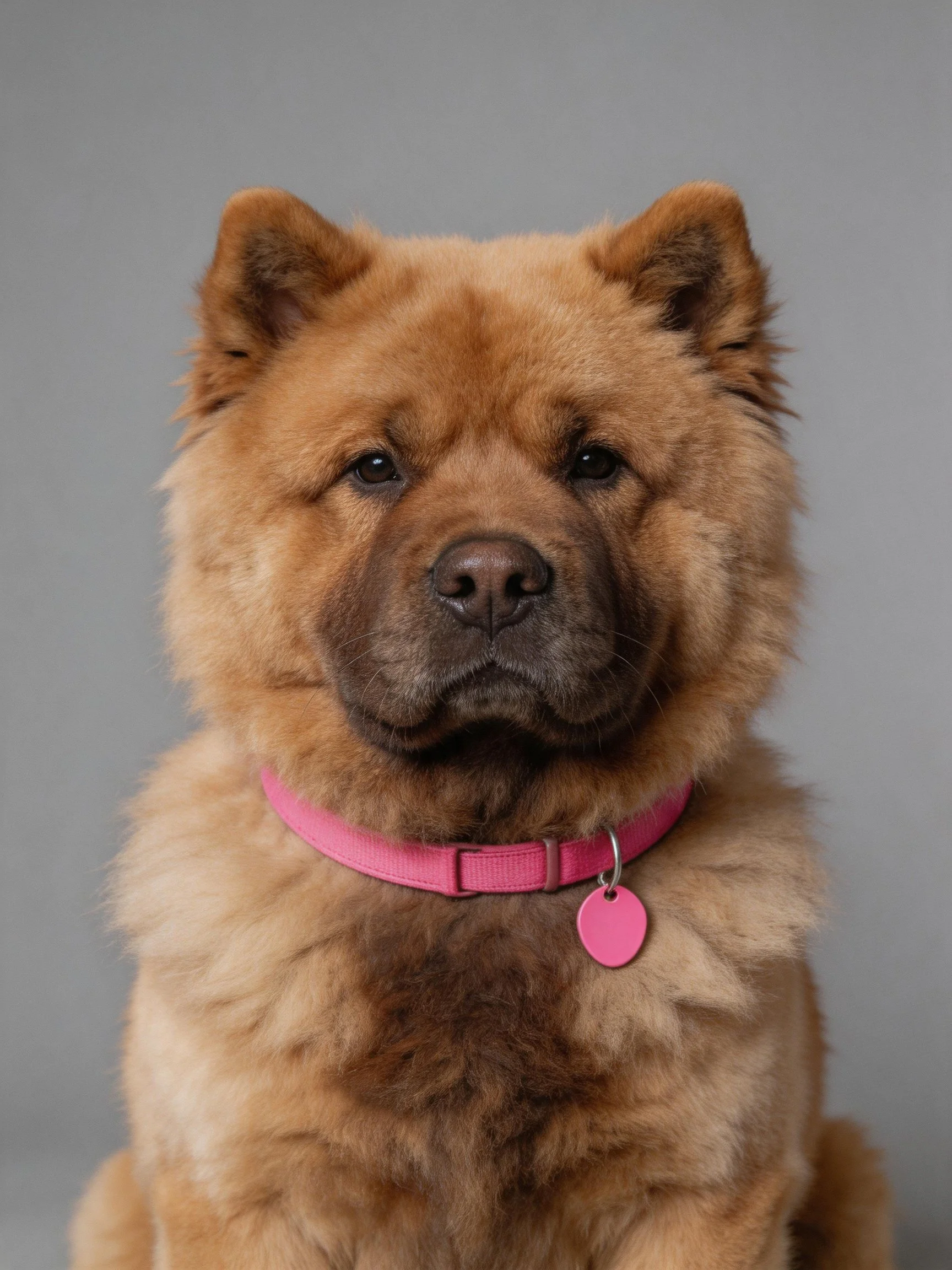 A brown Chow dog with a bright pink collar