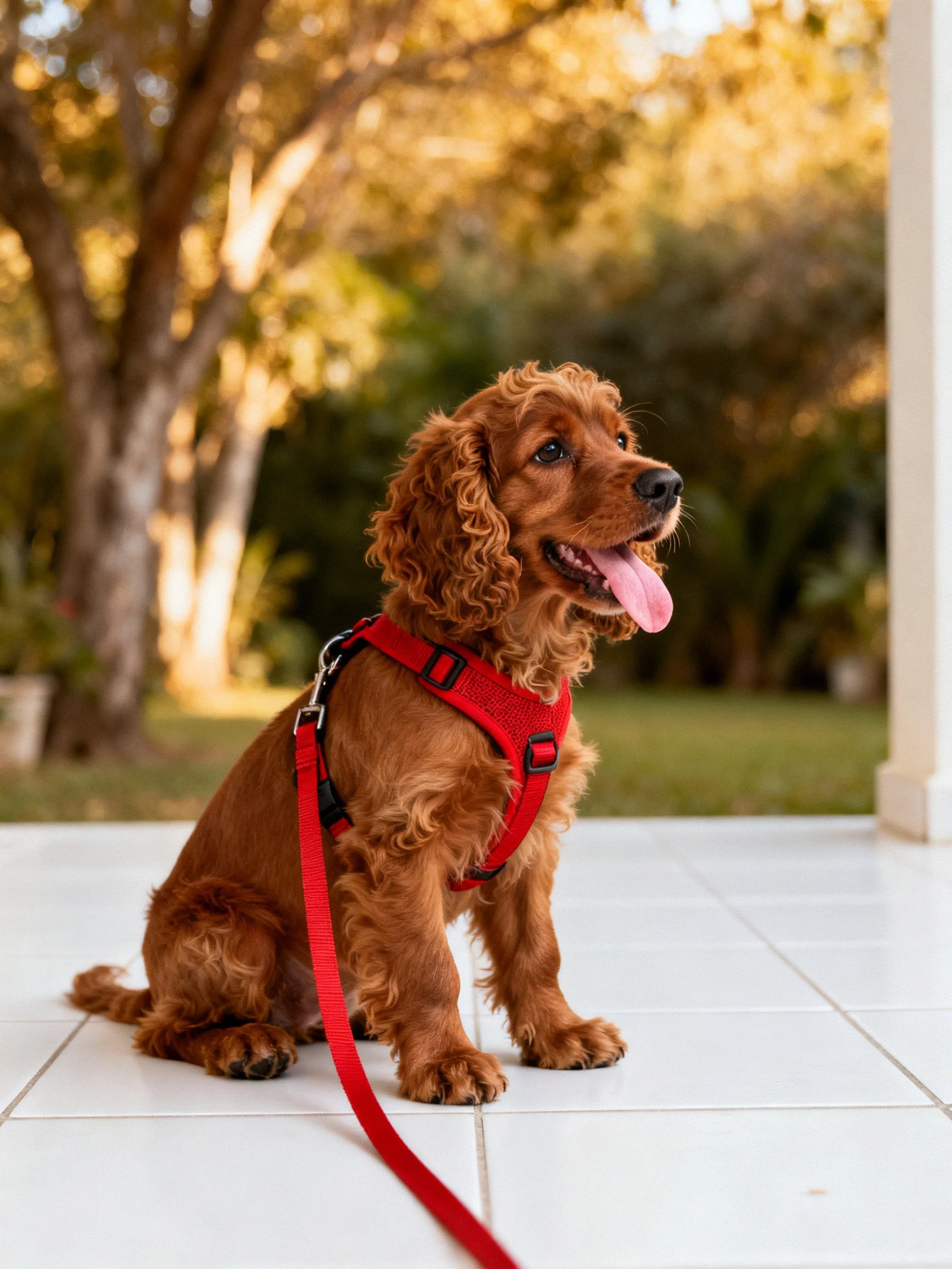A brown Cocker Spaniel in a red harness sits on white tiles outside