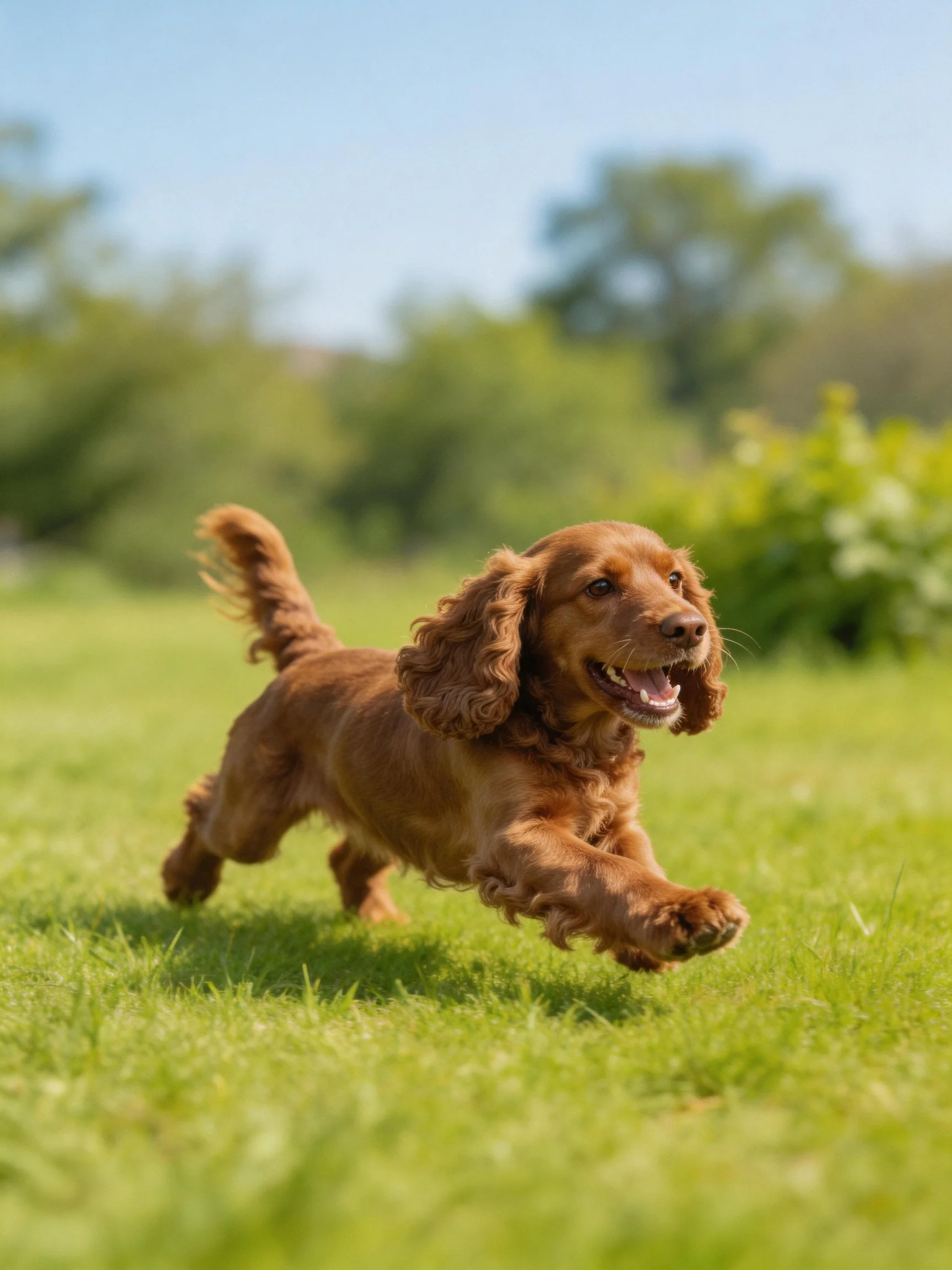 A brown Cocker Spaniel joyfully runs on lush green grass