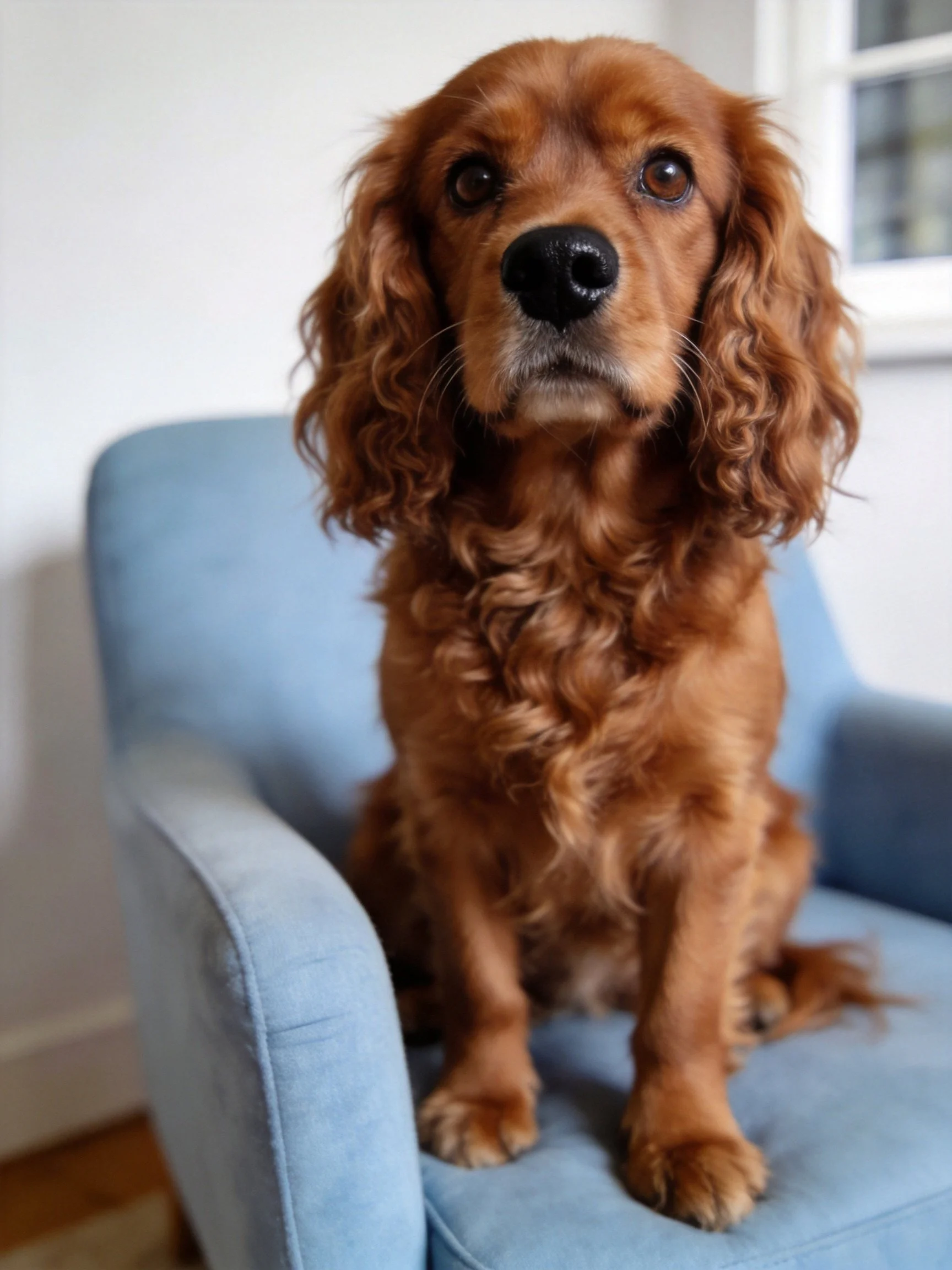 A brown Cocker Spaniel sits on a light blue armchair indoors