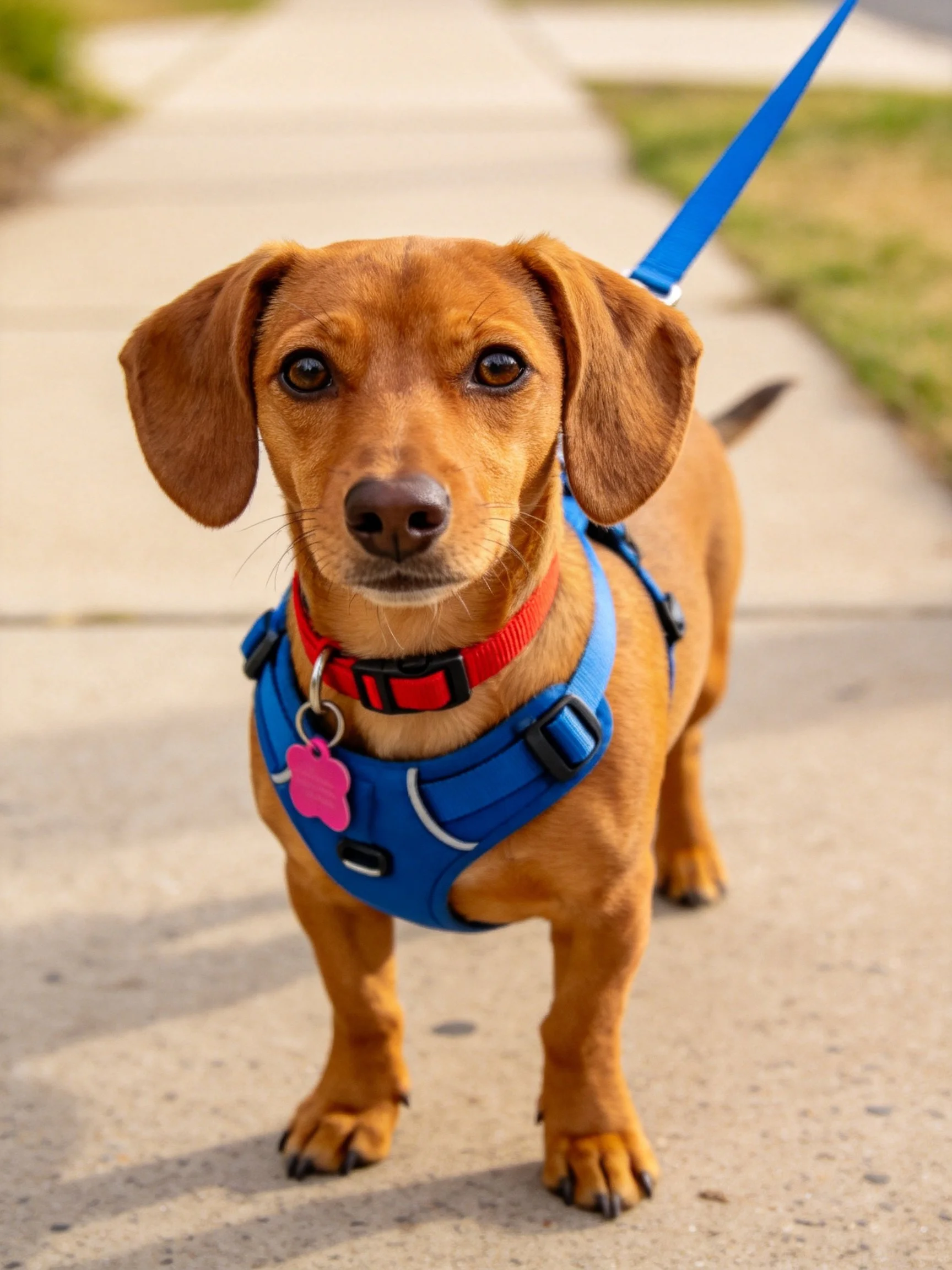 A brown Dachshund stands on a sidewalk wearing a blue harness.