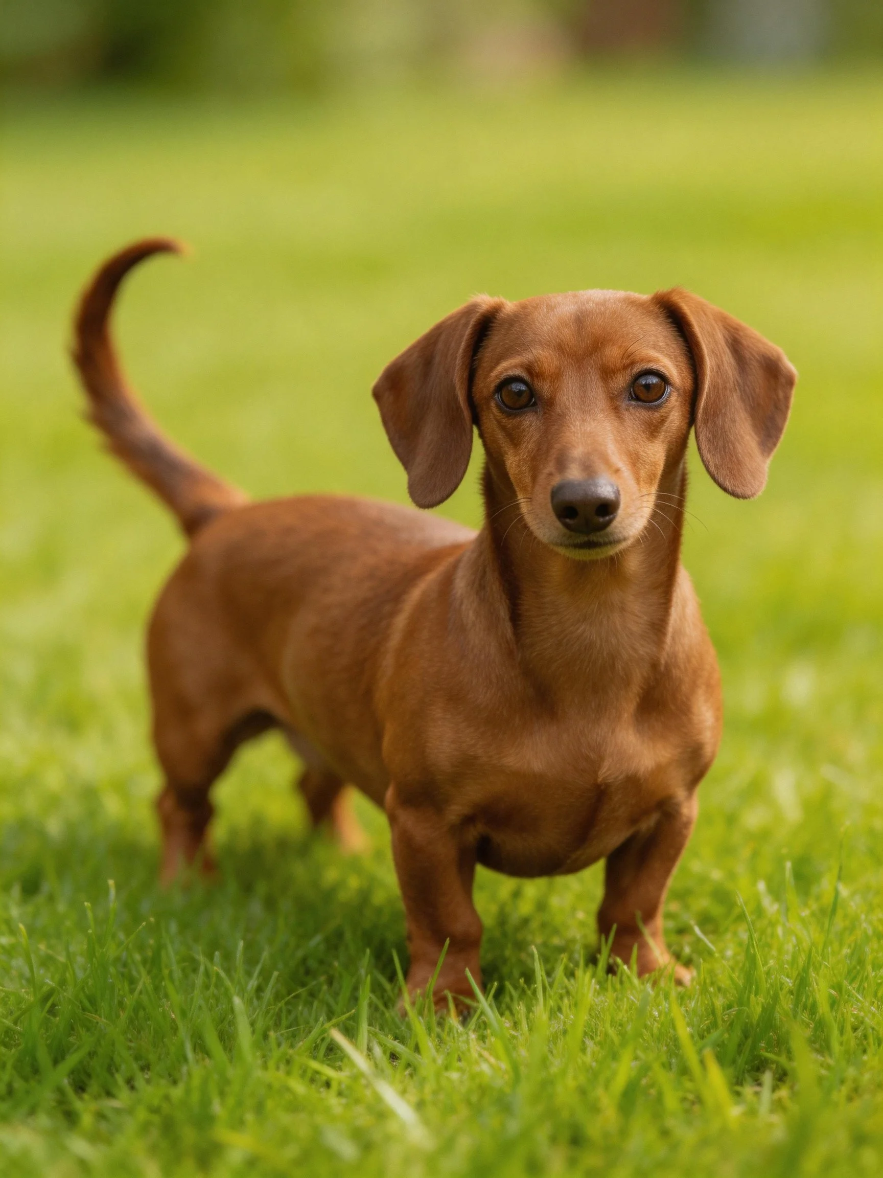 A brown Dachshund stands alert on lush green grass.