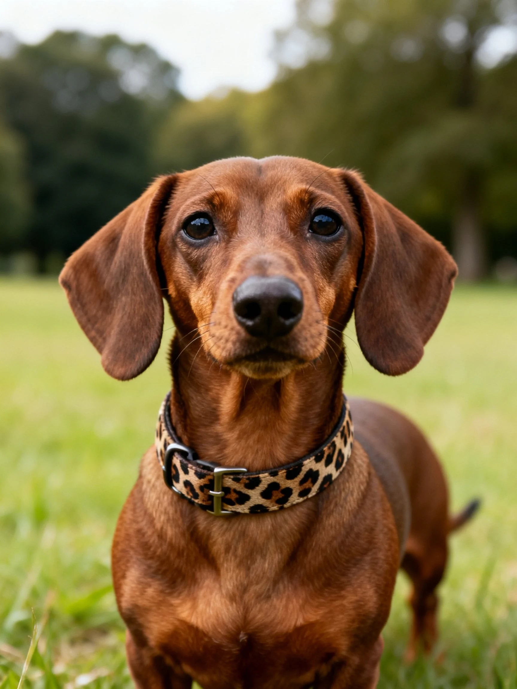 A brown Dachshund wearing a leopard print collar outdoors