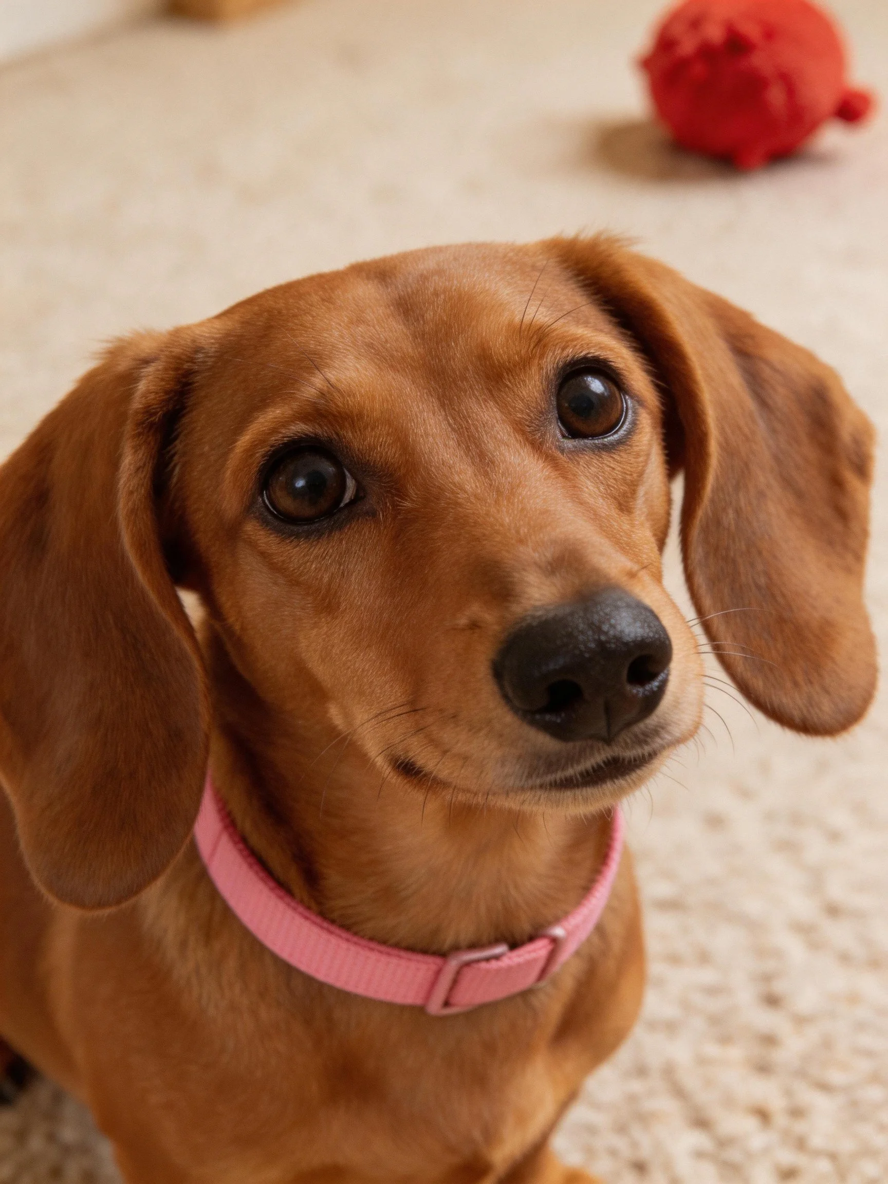 A brown Dachshund with a pink collar sits on a carpet near a red toy