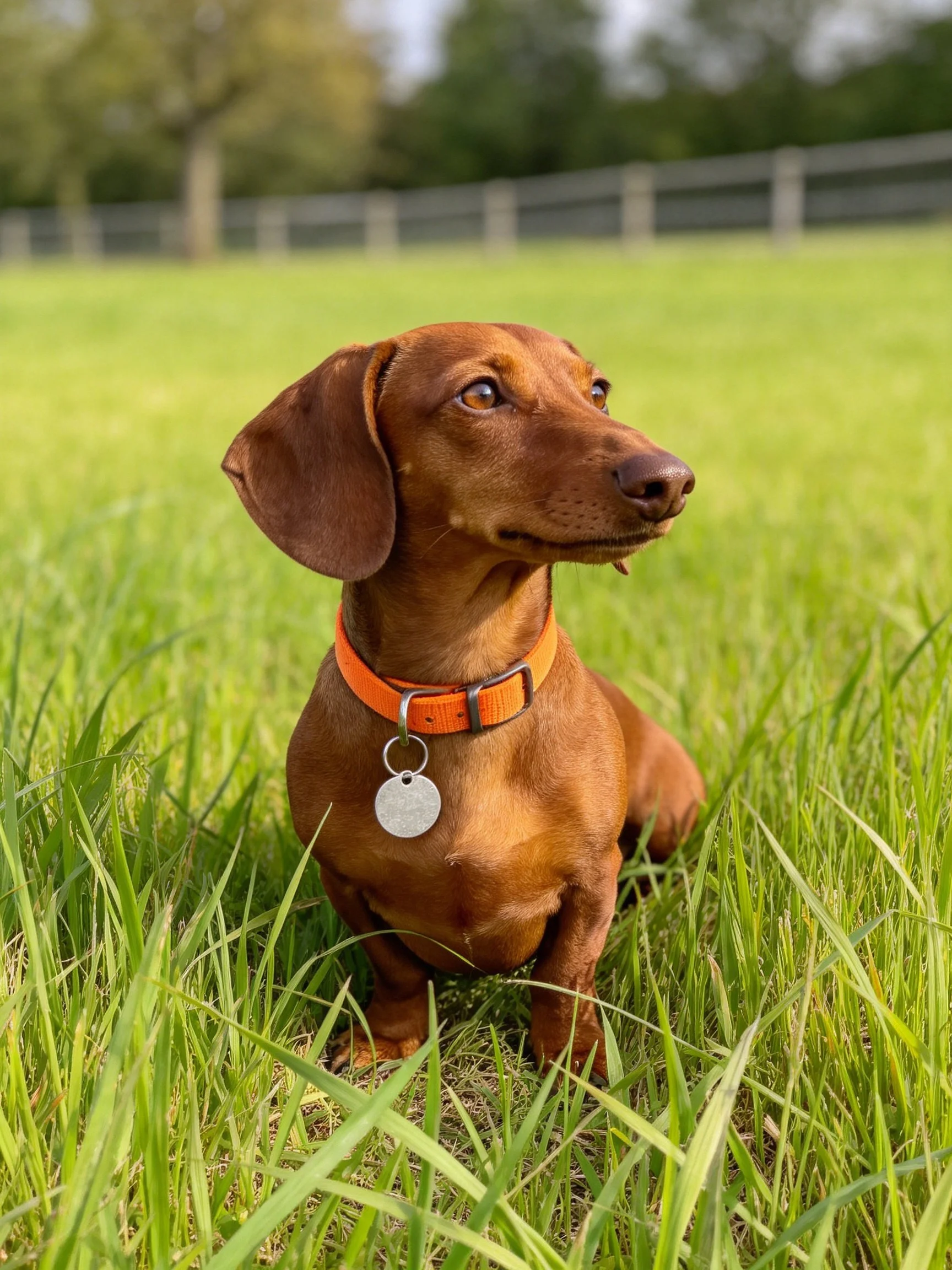 A brown Dachshund with an orange collar sits in tall green grass