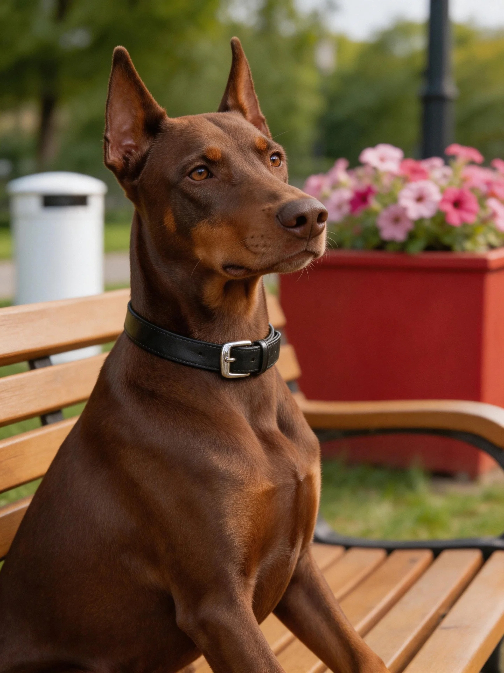A brown Doberman sits on a wooden bench near pink flowers