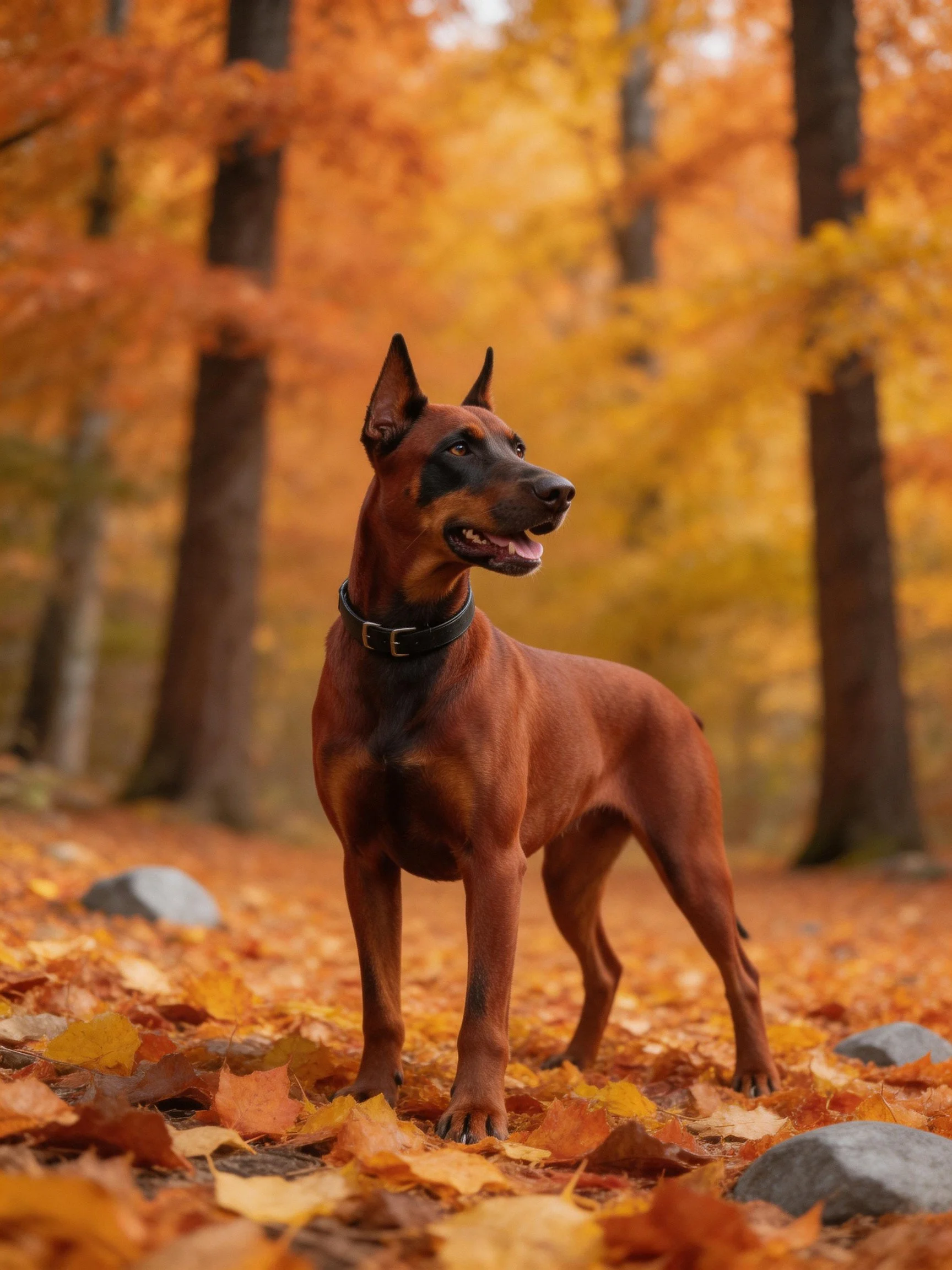 A brown Doberman stands among autumn leaves in a forest