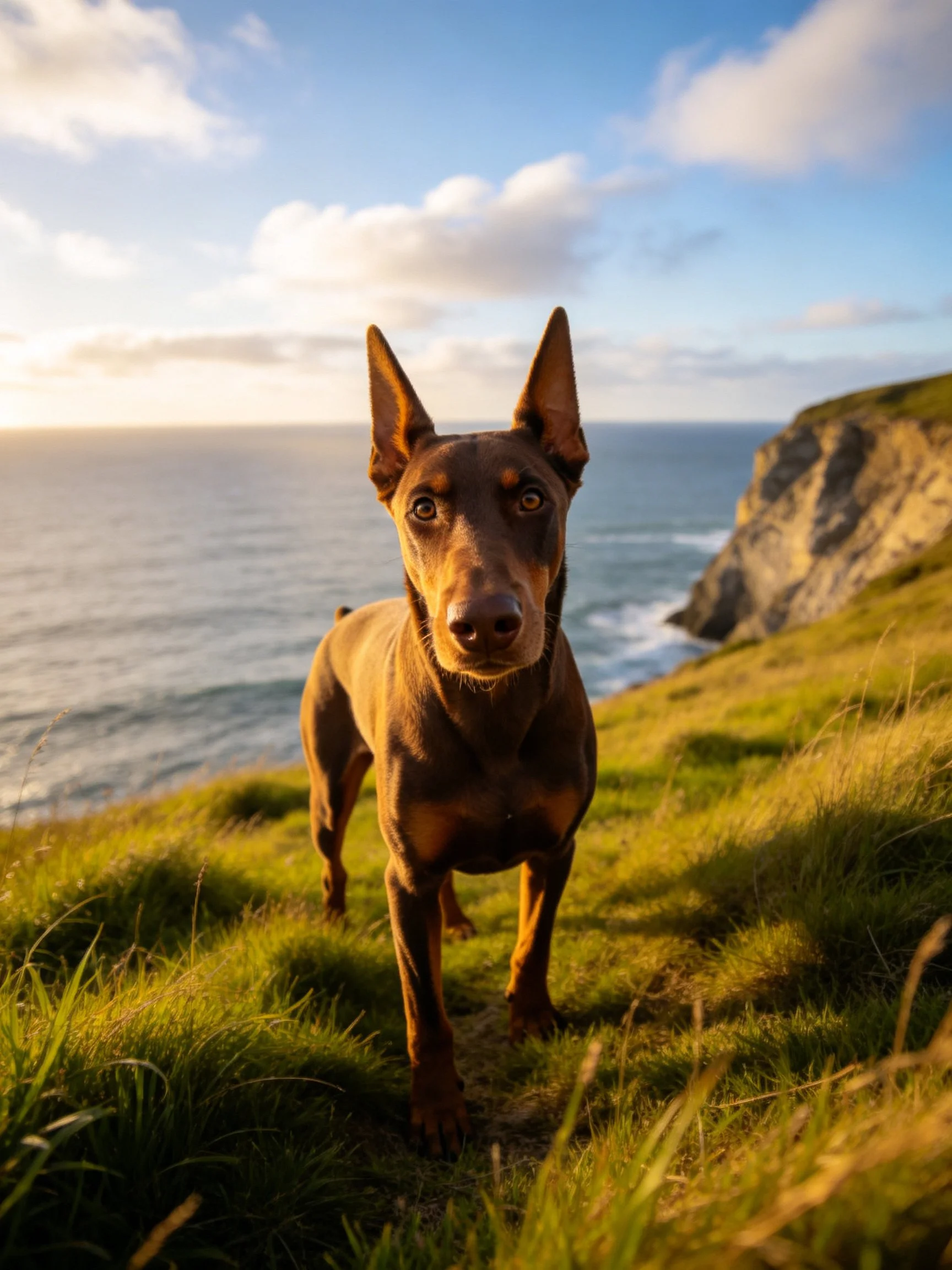 A brown Doberman stands on a grassy coastal cliffside