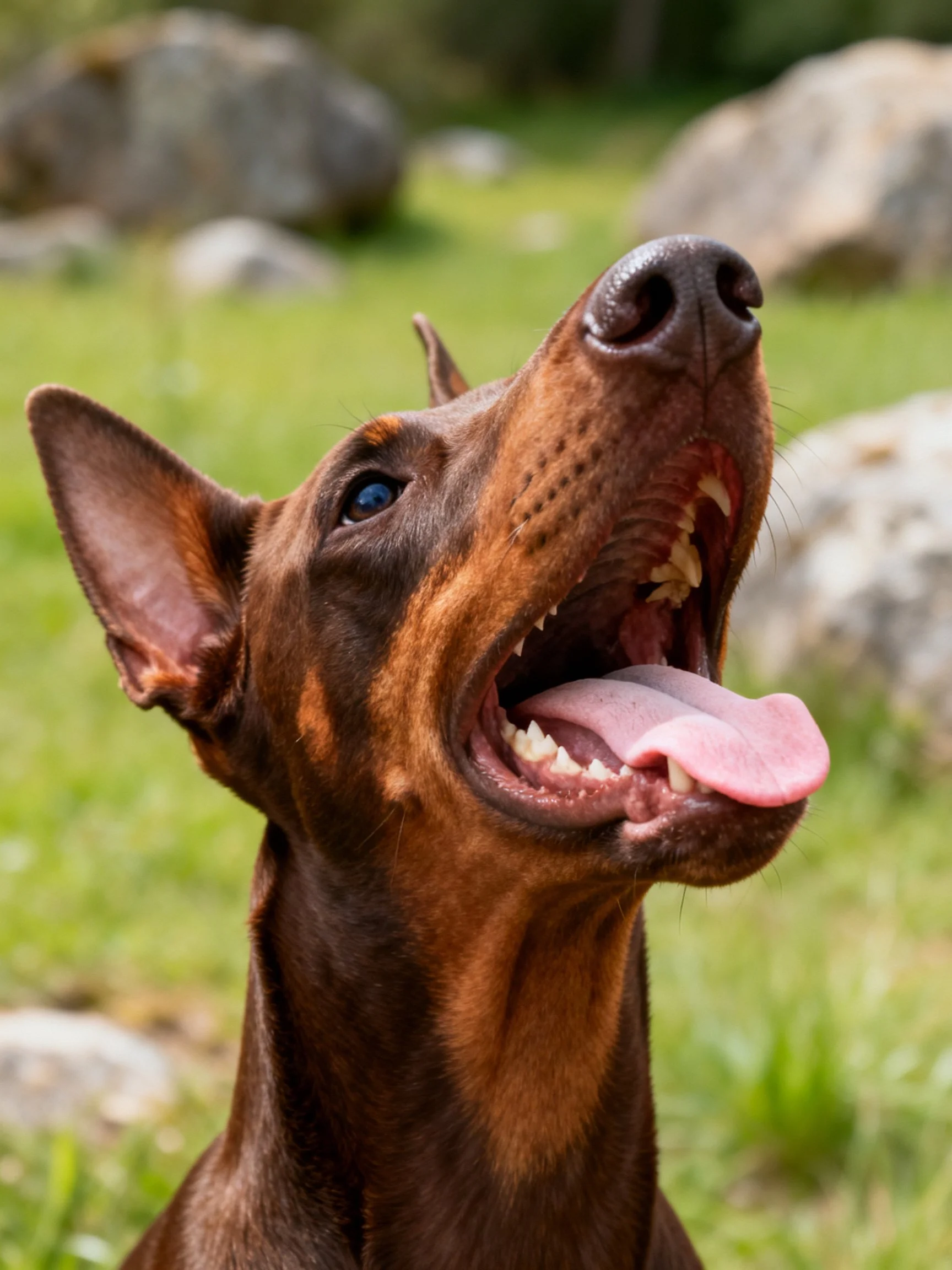 A brown Doberman with blue eyes panting outdoors