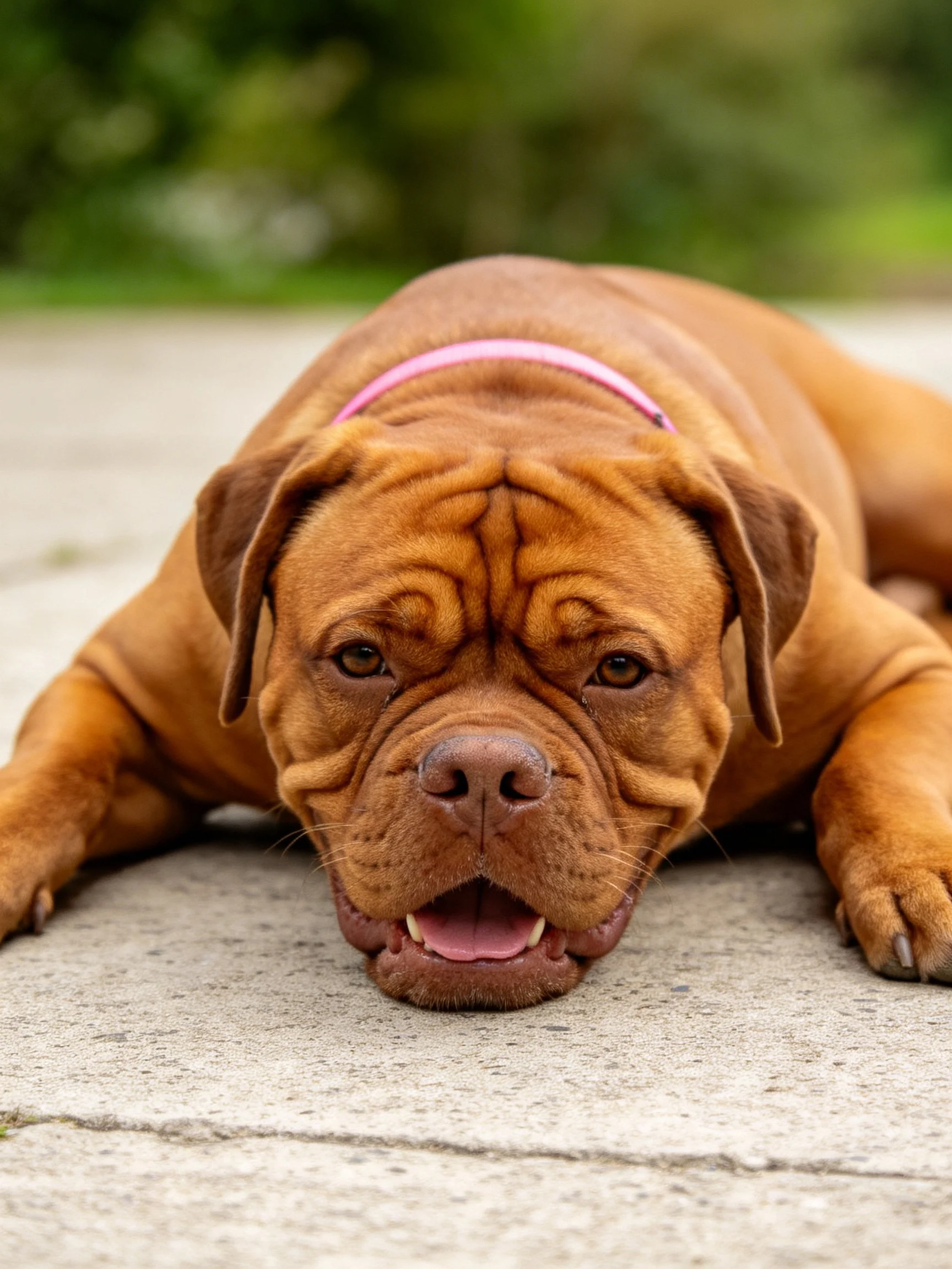 A brown Dogue de Bordeaux rests on a concrete path with a pink collar