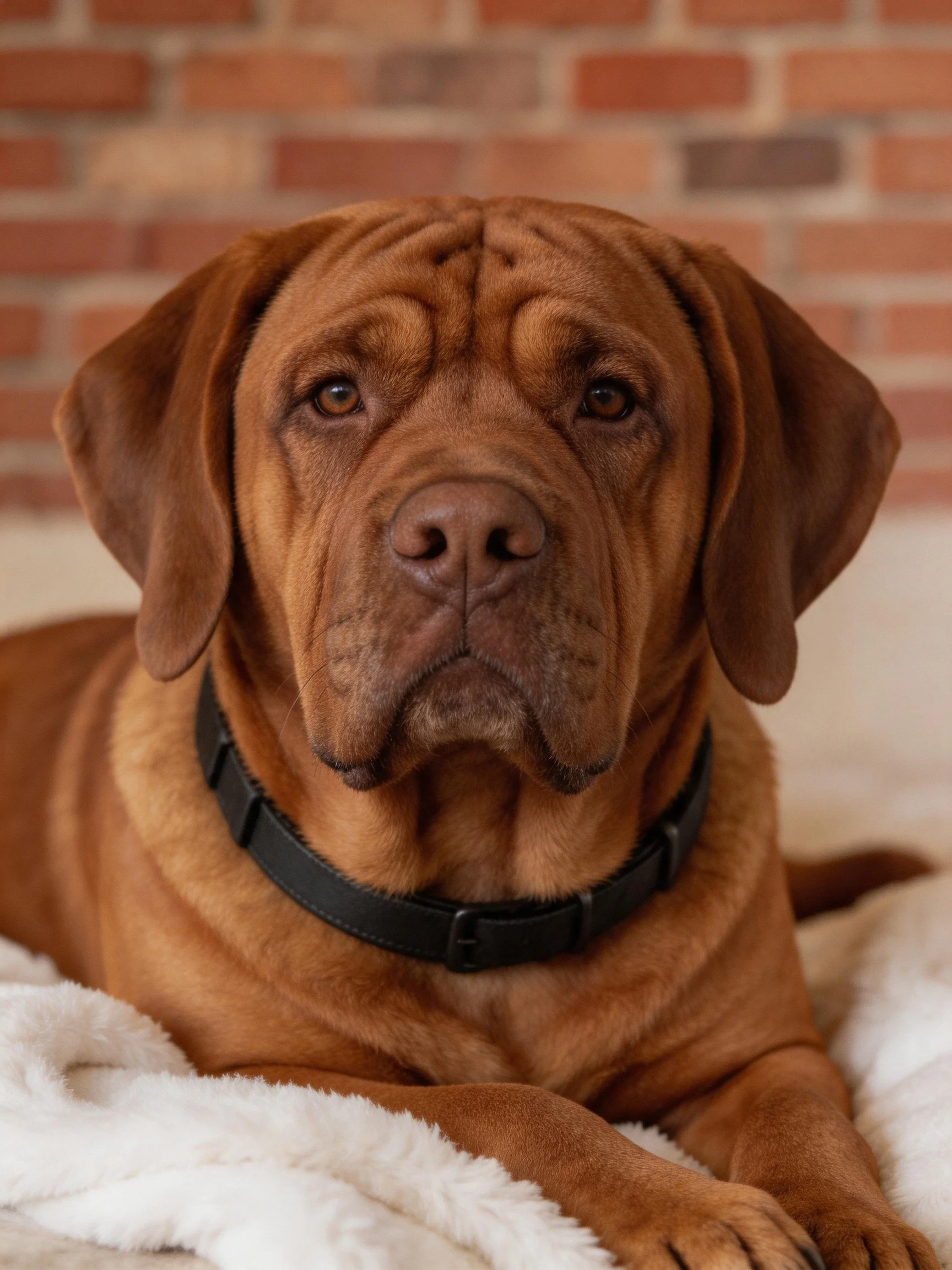 A brown Dogue de Bordeaux lies calmly on a white blanket next to a brick wall.