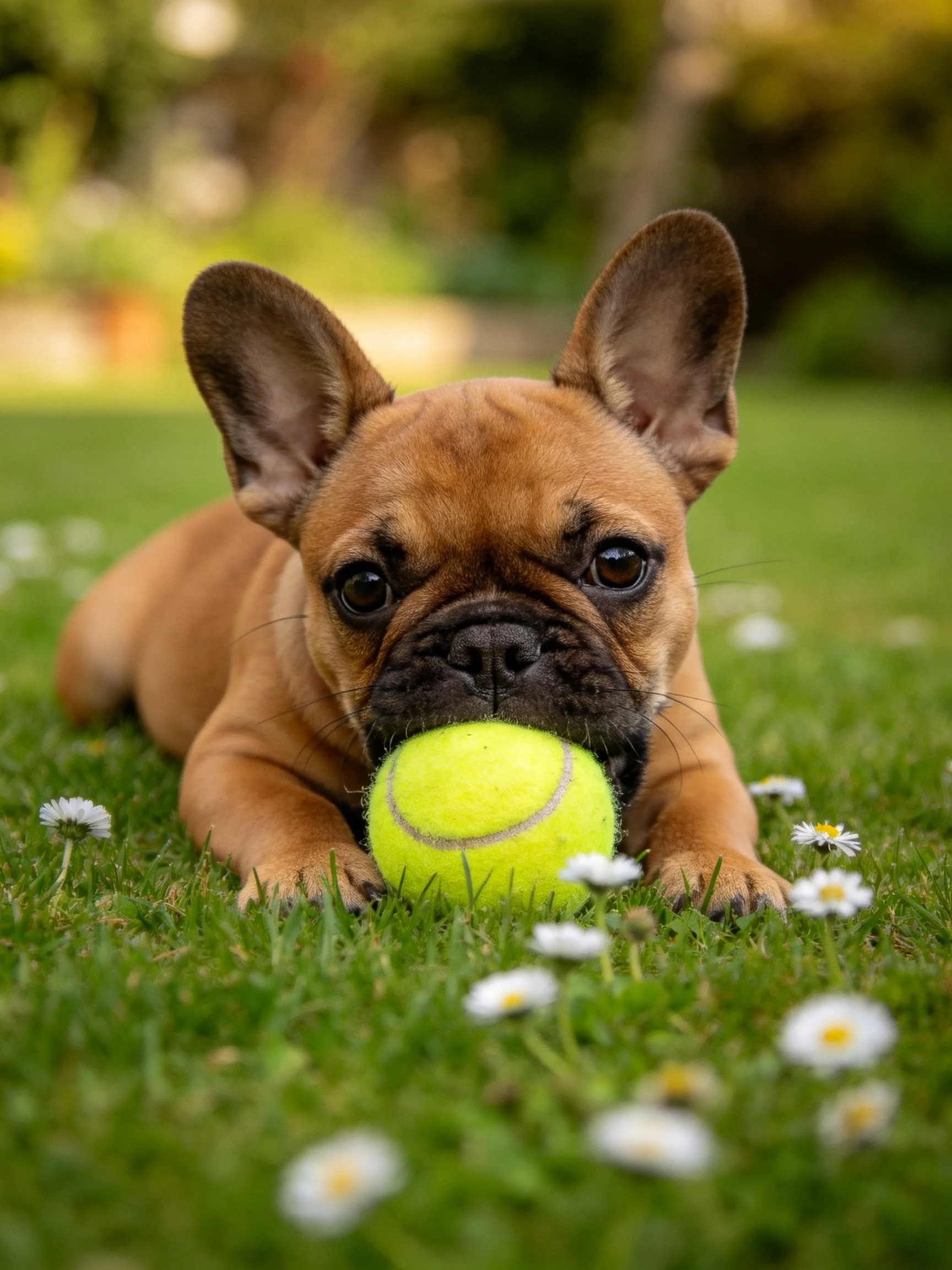 A French bulldog puppy holds a yellow tennis ball on grass with white flowers