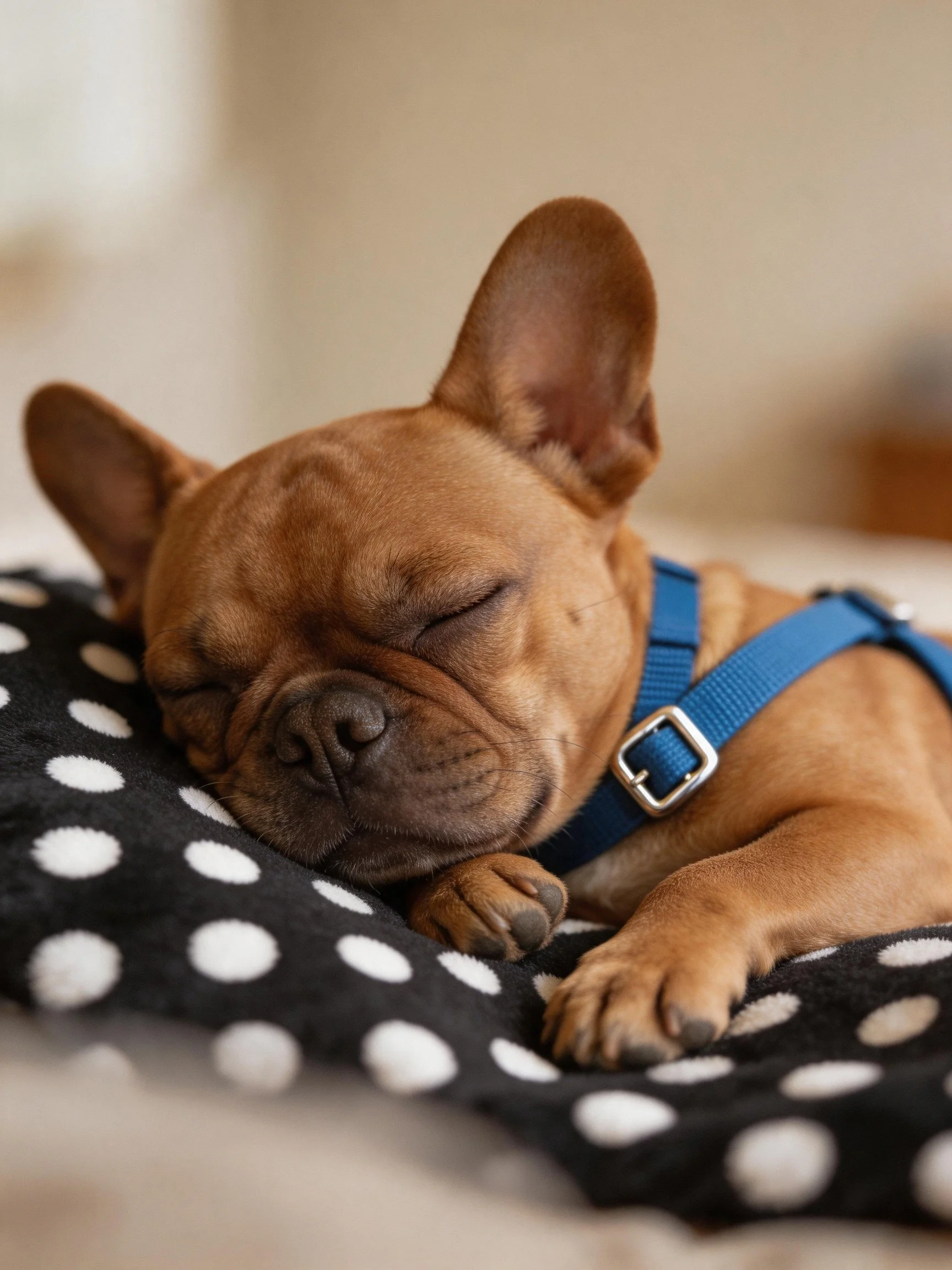 A brown French bulldog puppy sleeps peacefully on a polka-dot blanket.