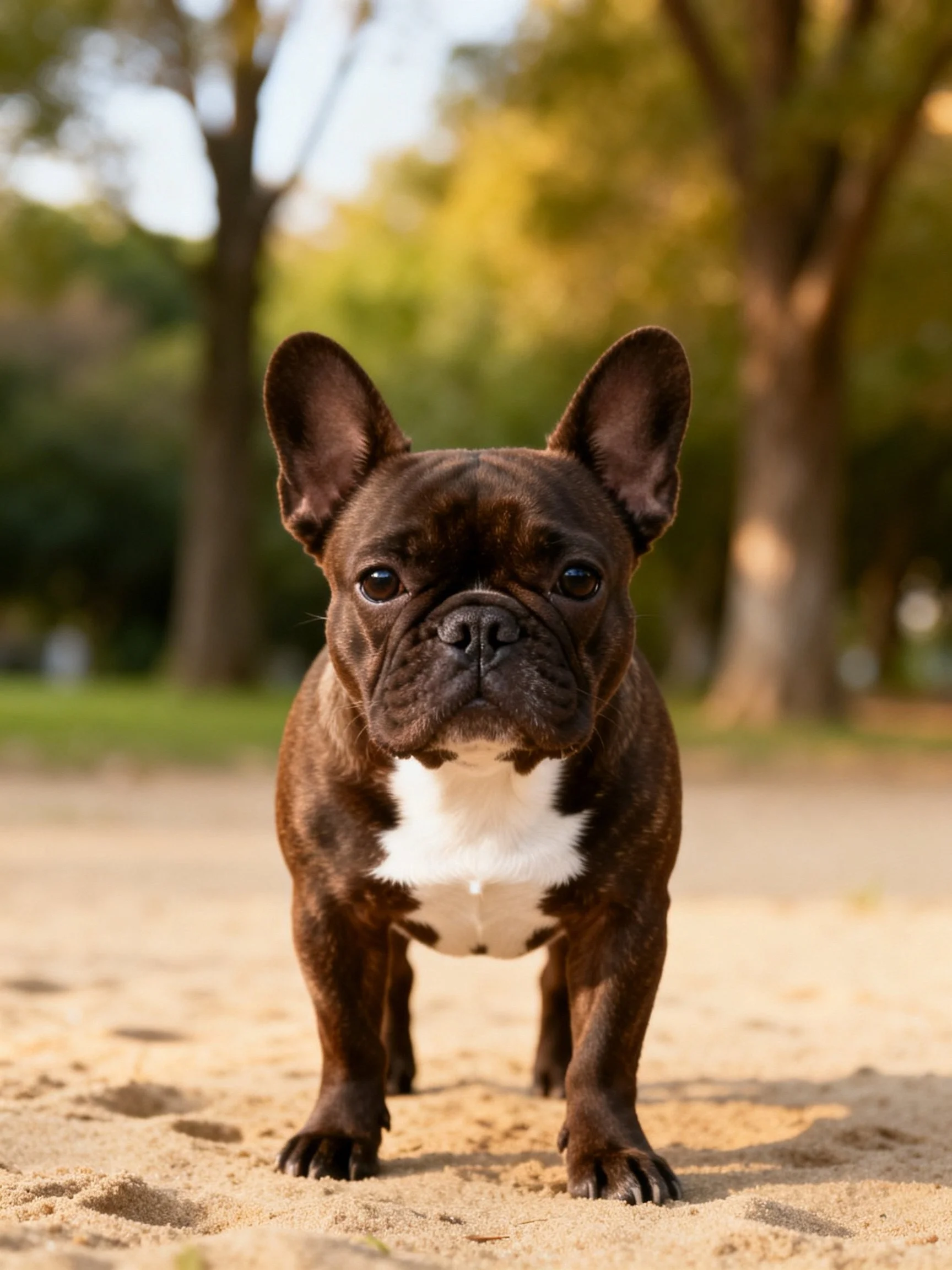 A brown French bulldog with white chest stands on sandy ground in an outdoor setting