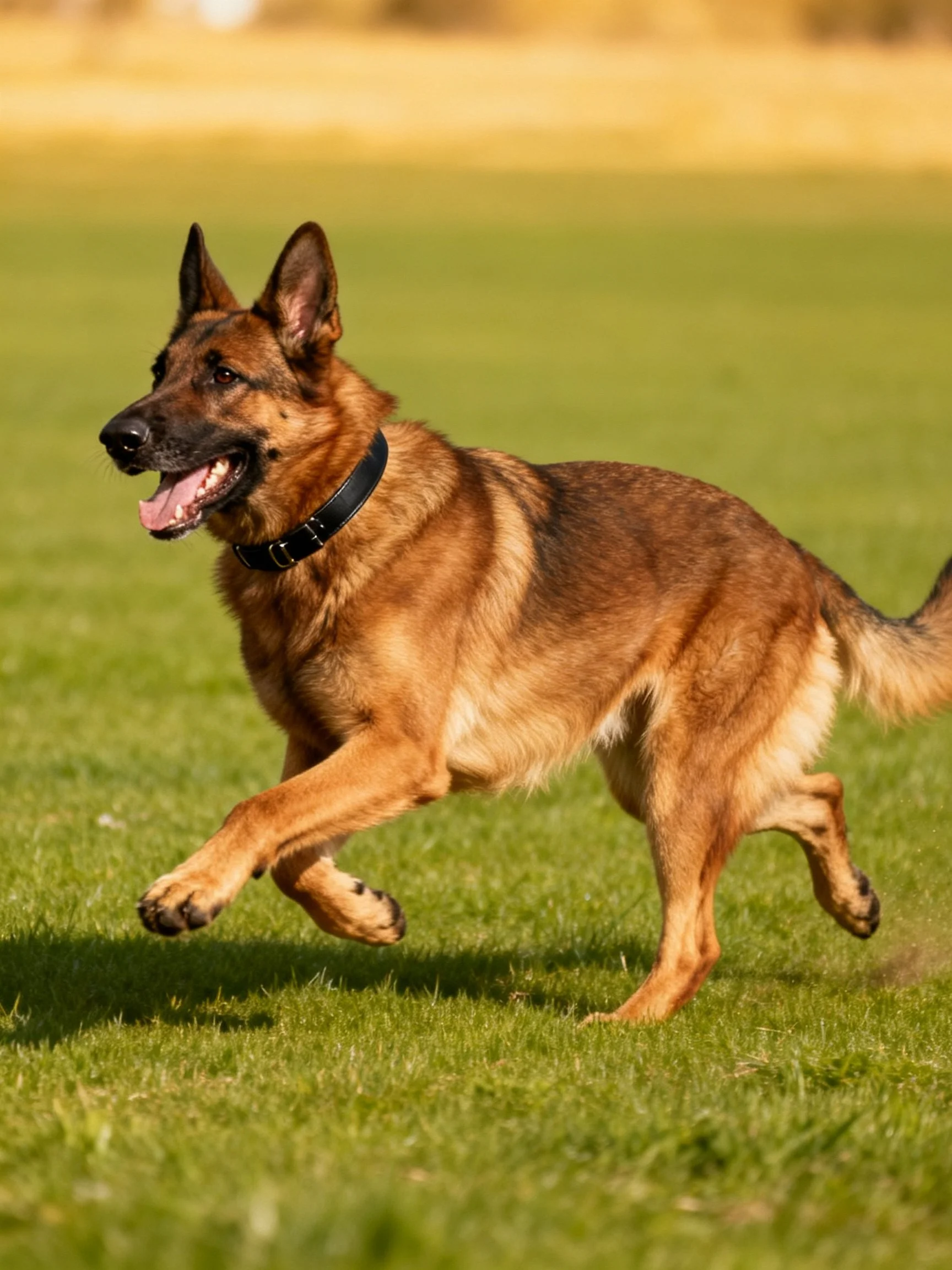 A German Shepherd dog runs energetically on a grassy field